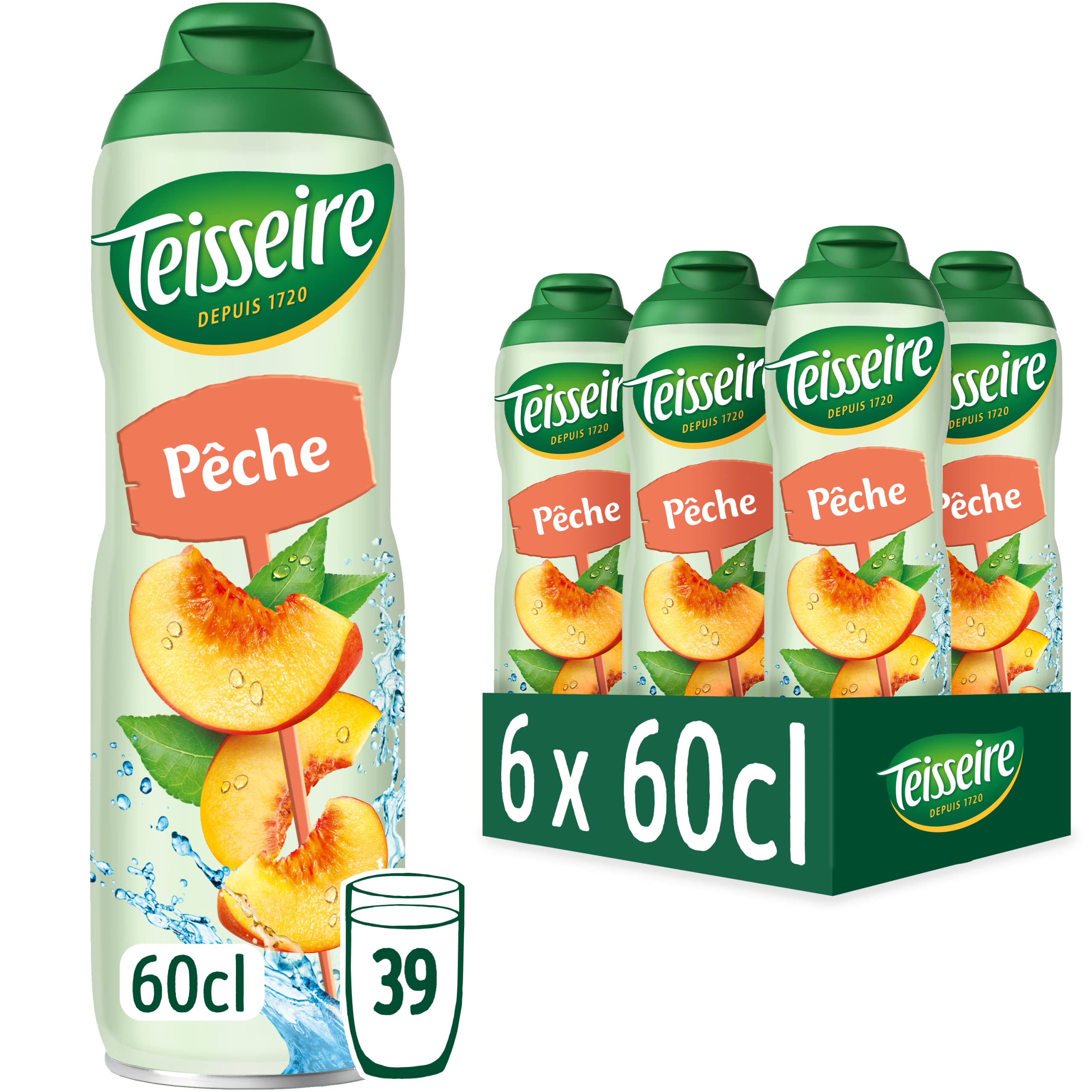 Teisseire Sirop de Pêche pour Boisson Rafraîchissante, Cocktails, Bidon Recyclable 6x60cl