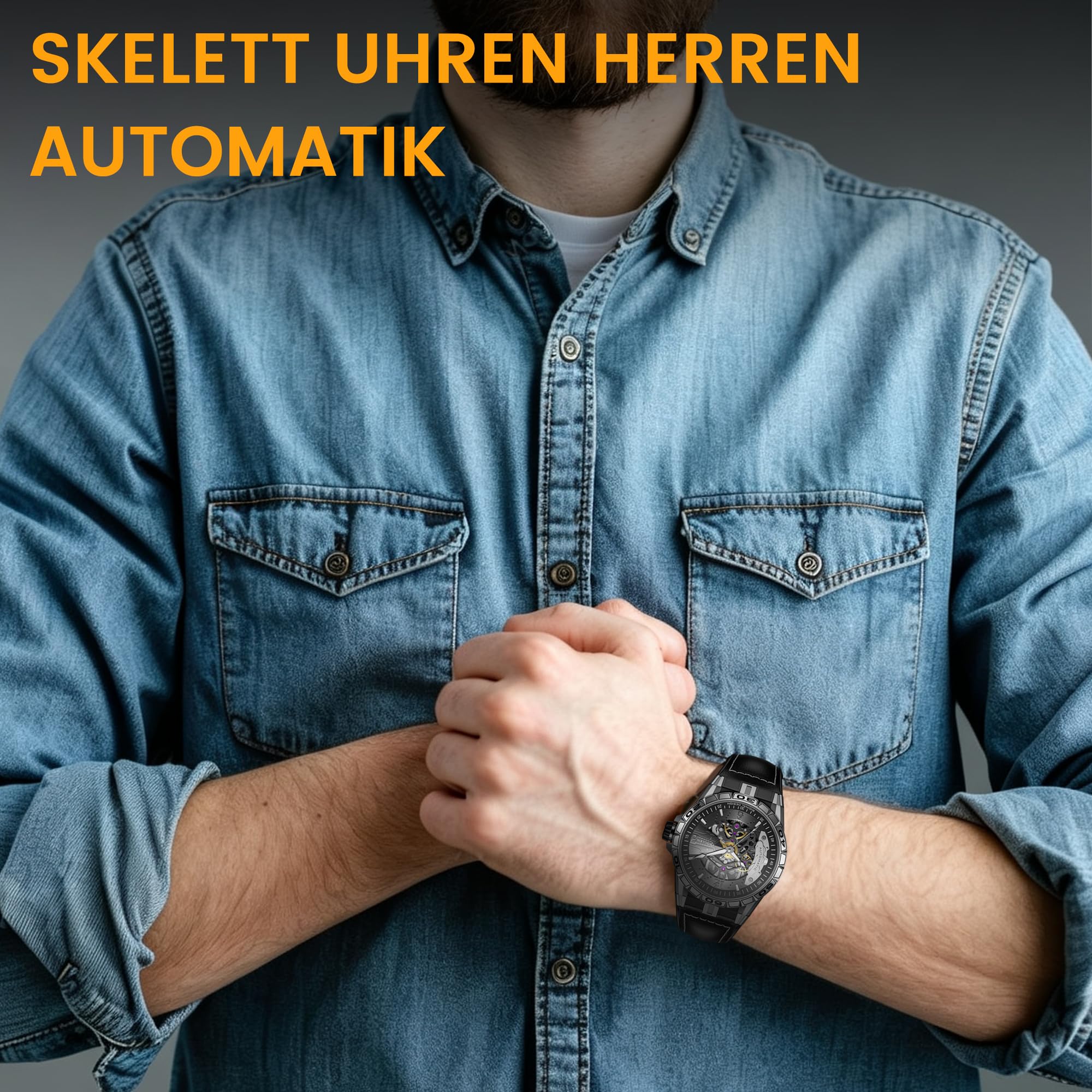 SOLLEN Skelett Uhren Herren Automatik,Mechanische Armbanduhren Herren,Klassische Minimalistische Herrenuhren Luxus,5ATM Wasserdicht Leuchtend Selbstaufzug Automatische Uhr als Geschenk für Männer