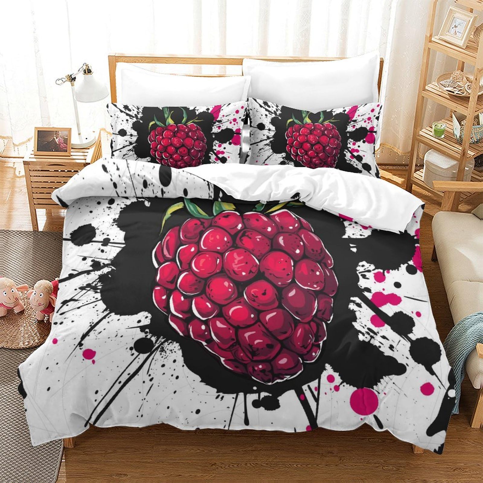 Parure de couette fraises 260x220cm microfibre anti-pli pour lit Super King
