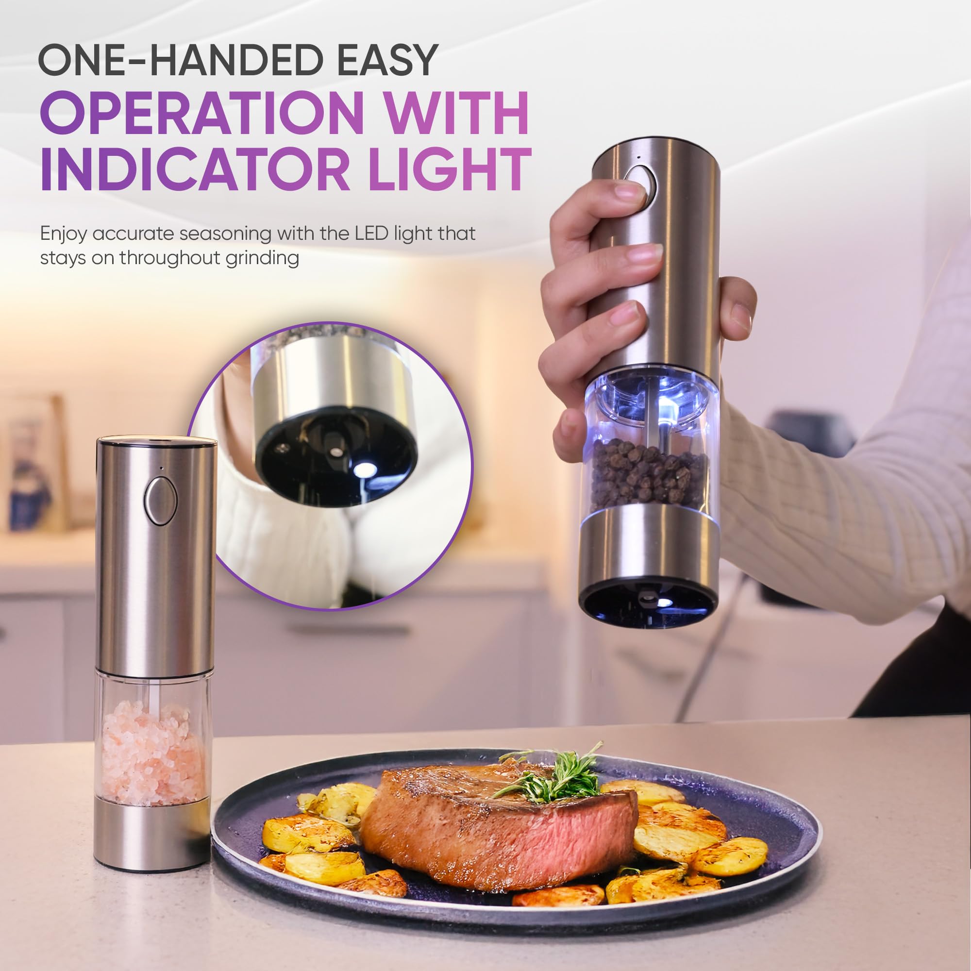 Electric Salt and Pepper Grinder Set - One-Hand Operation, Rechargeable, Refillable, Large Capacity, Stainless Steel, Ceramic Core, Adjustable Coarseness, Automatic Salt and Pepper Mills, LED Lights