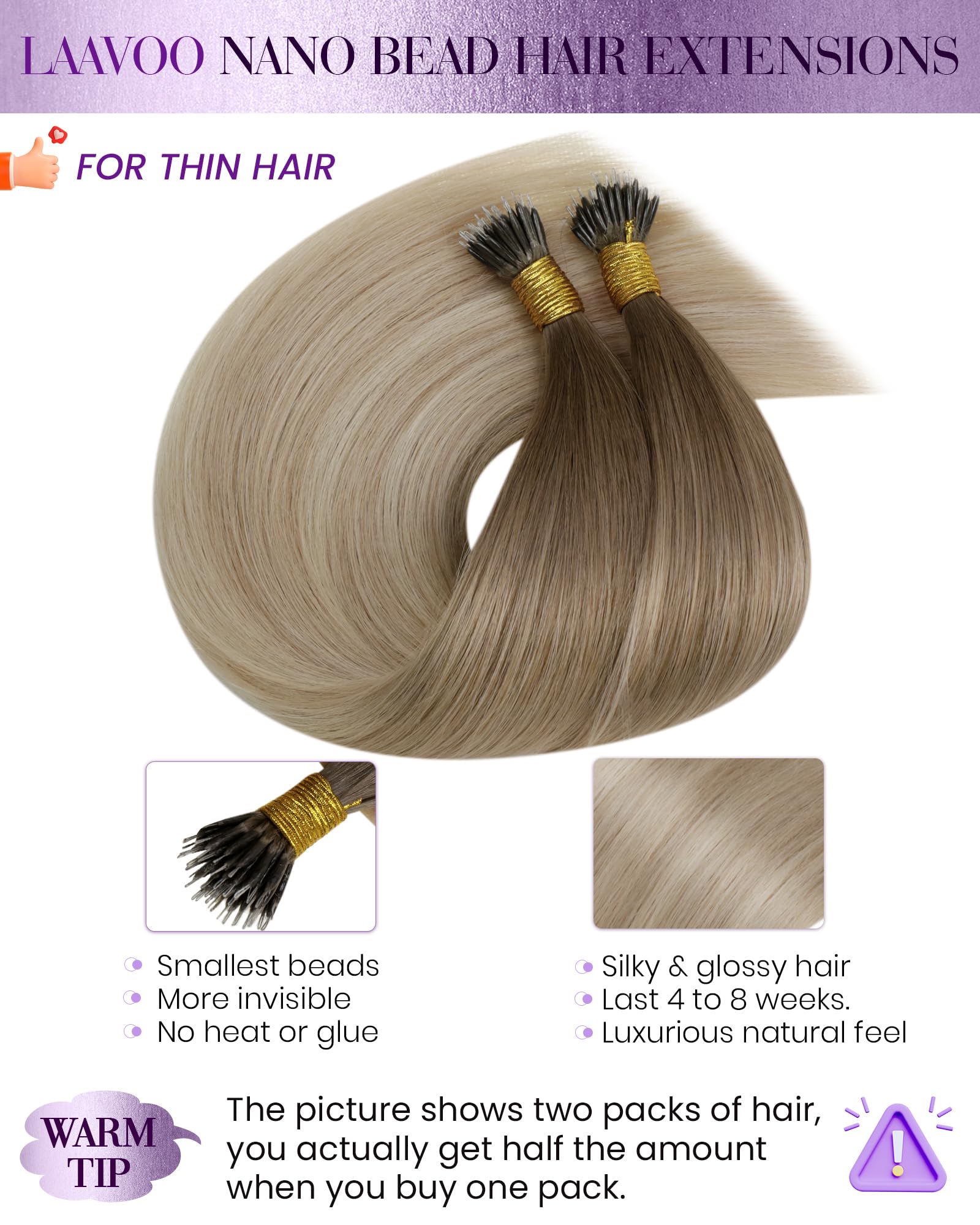 LaaVoo Nano Hair Extensions Real Human Hair 100g Full Head Nano Beads Hair Extensions Balayage Light Brown to Dark Blonde with Light Blonde Invisible Nano Ring Straight Remy Hair 100s 20 Inch #8/18/60 - Image 2