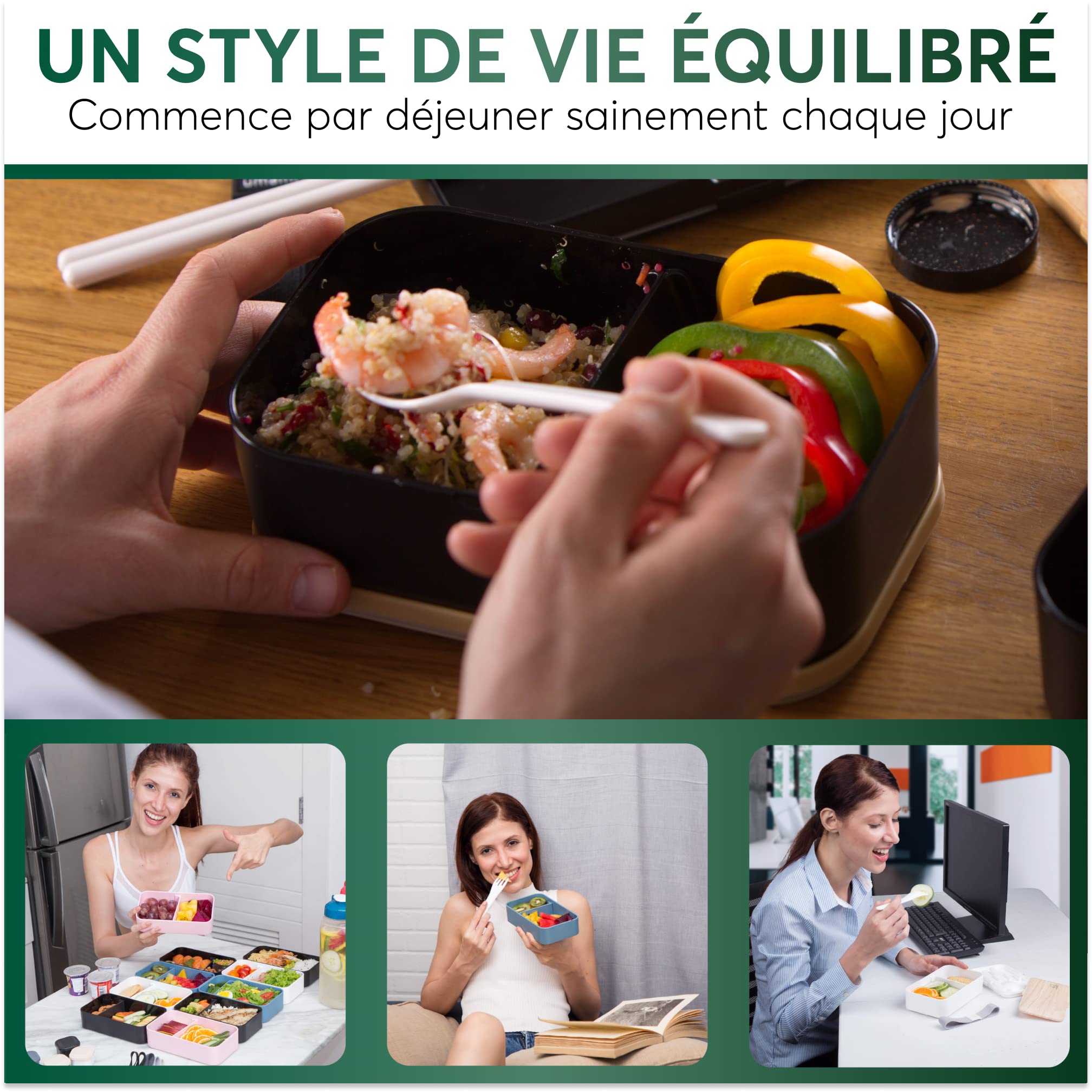 Umami Bento Lunch Box, 2 Pots à Sauce & Couverts en Bois Inclus, Lunchbox Micro-Ondable, Boîte à lunch Adulte, Boîte Repas Compartimentée, Boîte Bento Lunch Box, Bento Box