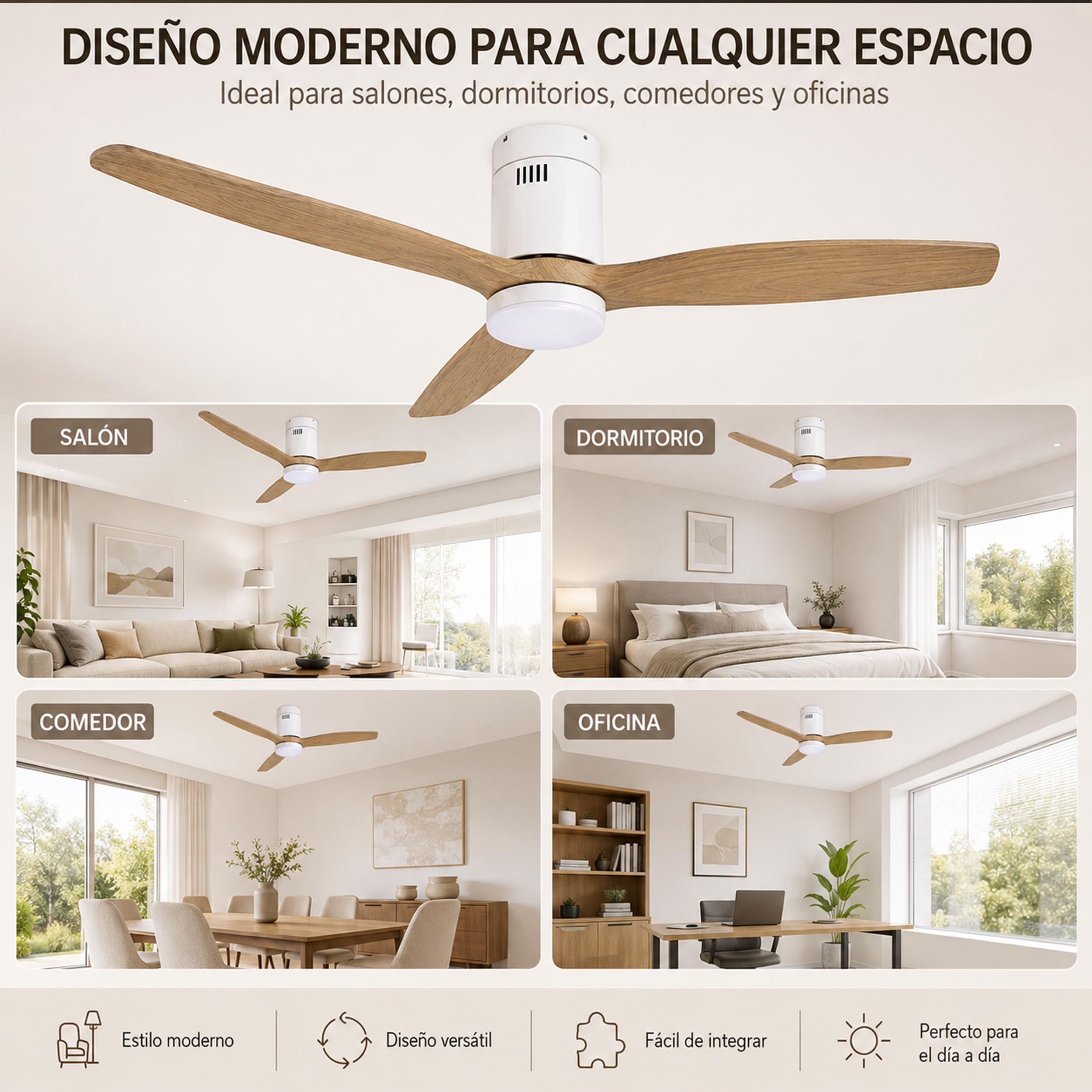 BESCH Ventilador de Techo con Luz LED y Mando a Distancia, 132 cm, 3 Aspas Efecto Madera, 6 Velocidades, 3 Temperaturas de Luz, Verano Invierno, Temporizador 1/2/4/8H, Blanco