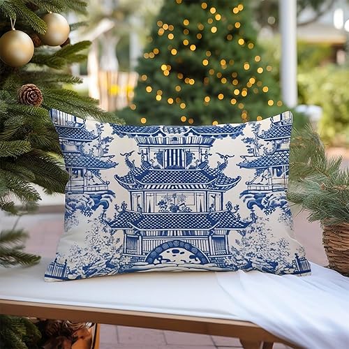 Miniatura 10 de Funda de almohada asiática de lino blanco asiático, con diseño escénico asiático, con pagoda antigua de China, para sofá de jardín, chinoiserie,