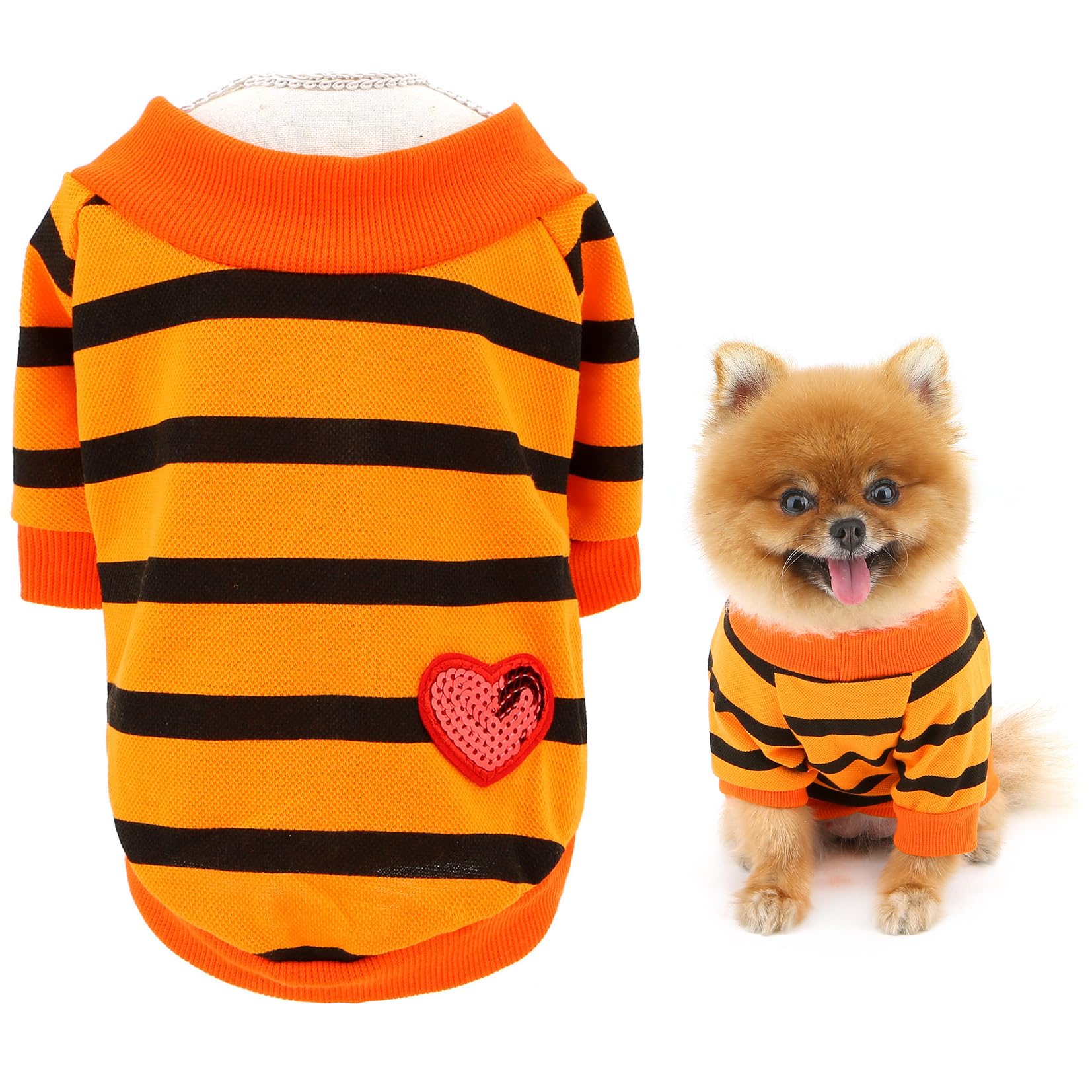 SMALLLEE_LUCKY_STORE Pet Summer Clothes Striped Shirt Top Puppy T-Shirt Tee for Small Medium Dog Cat with Bling Red Heart Yorkie Chihuahua Apparel Orange XL