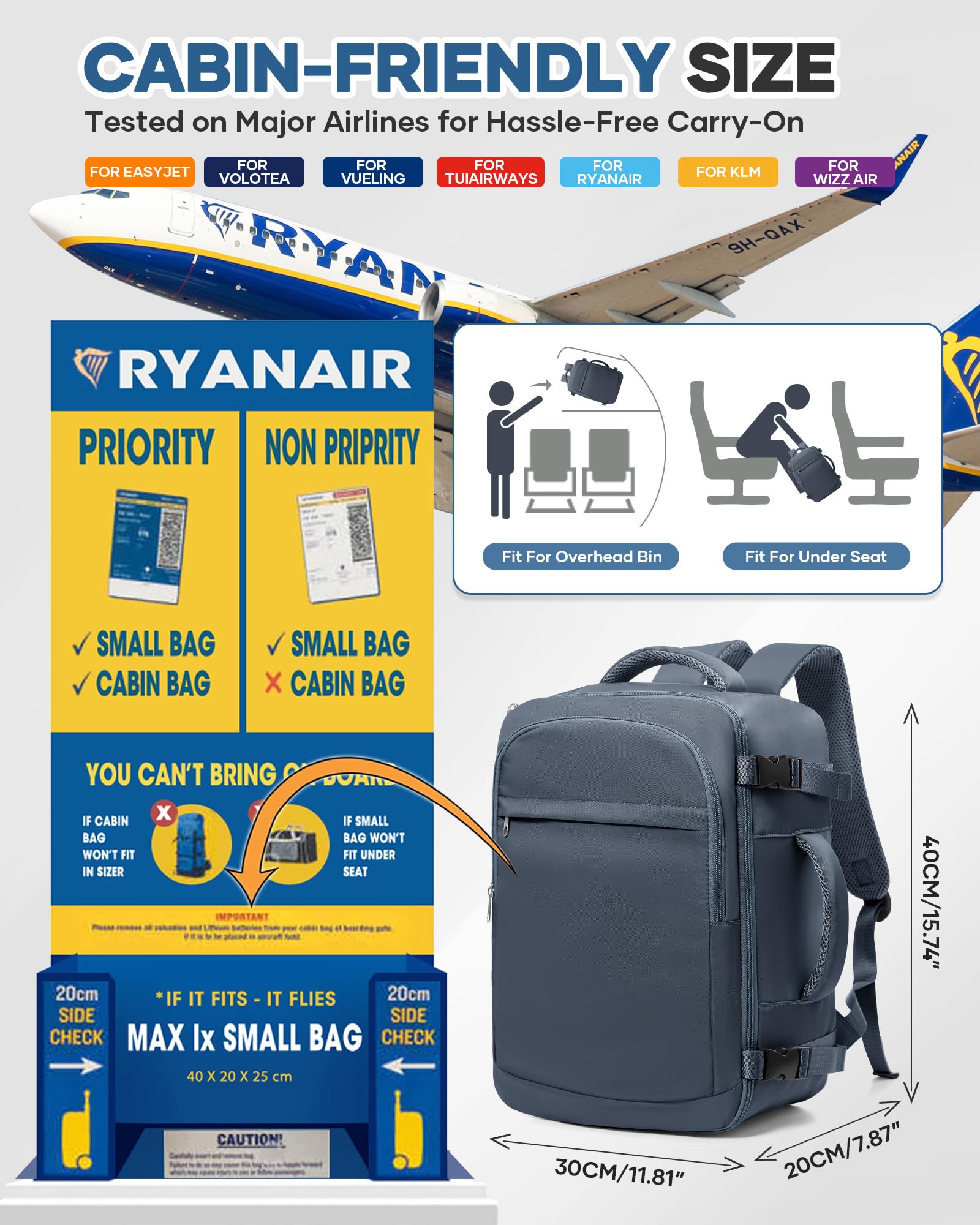 Bagage Cabine 40x30x20 sous Vide Sac a Dos Voyage Cabine Avion pour Ryanair | Sac Valise Cabine 40x30x20 avec Sac de Compression sous Vide & Pompe Manuelle Bagage à Main Imperméable -Bleu Saphir