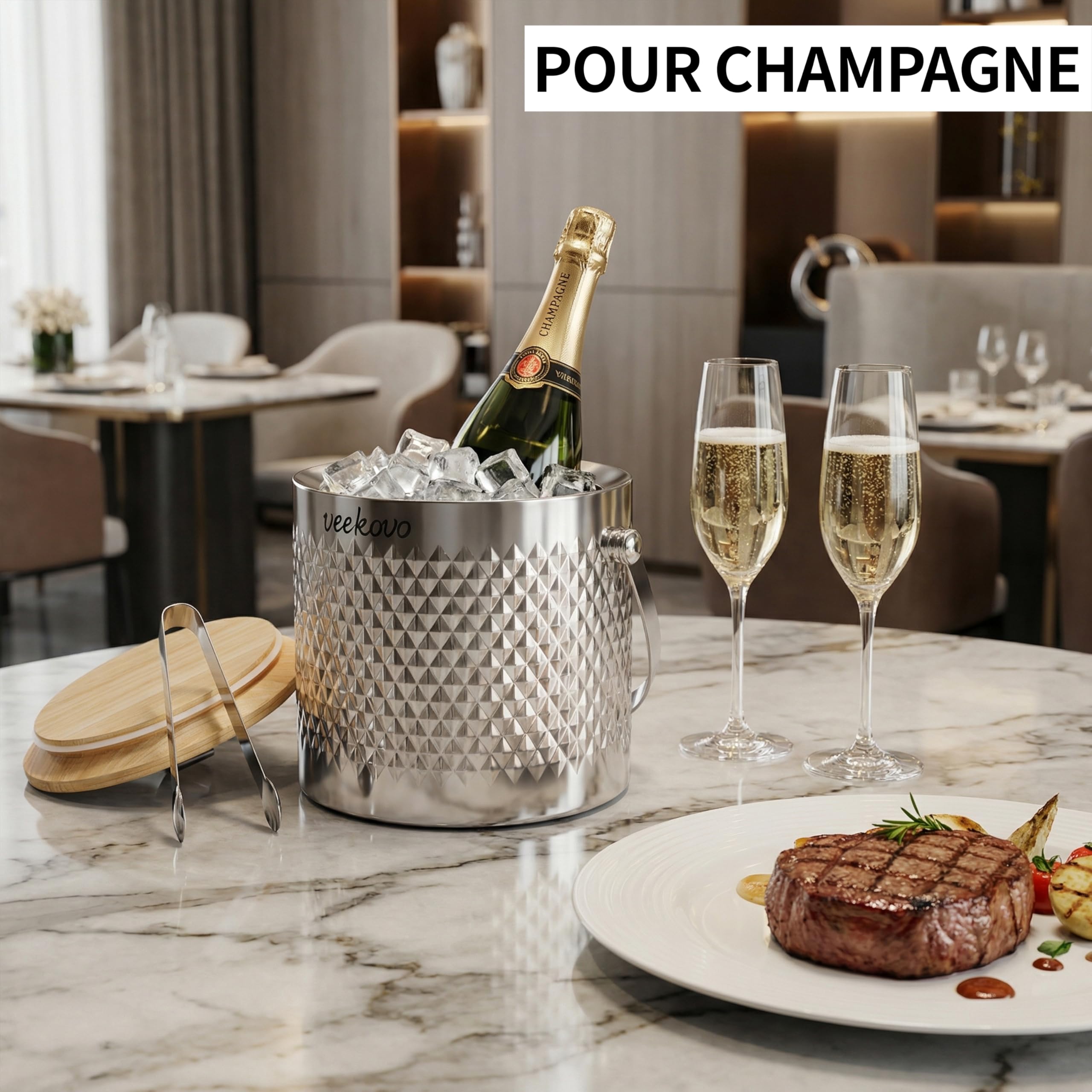 3.2L Seau à Glace Isotherme Avec couvercle et clip, Seau à Glace en Double Paroi en Acier Inoxydable, Rafraîchisseur Champagne pour Bouteille Bar Anniversaires Fêtes Pique-niques (Motif losange)
