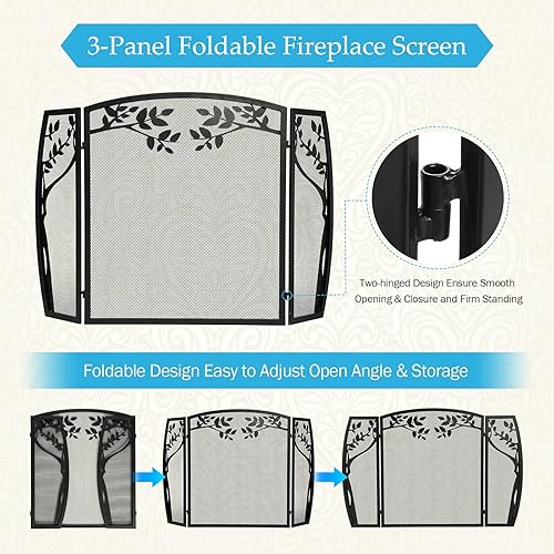 Miniatura 3 de IRONWALLS Pantallas decorativas para chimenea, 45.3 pulgadas de largo x 29.5 pulgadas de alto, 3 paneles de metal plegado para puerta de chimenea,