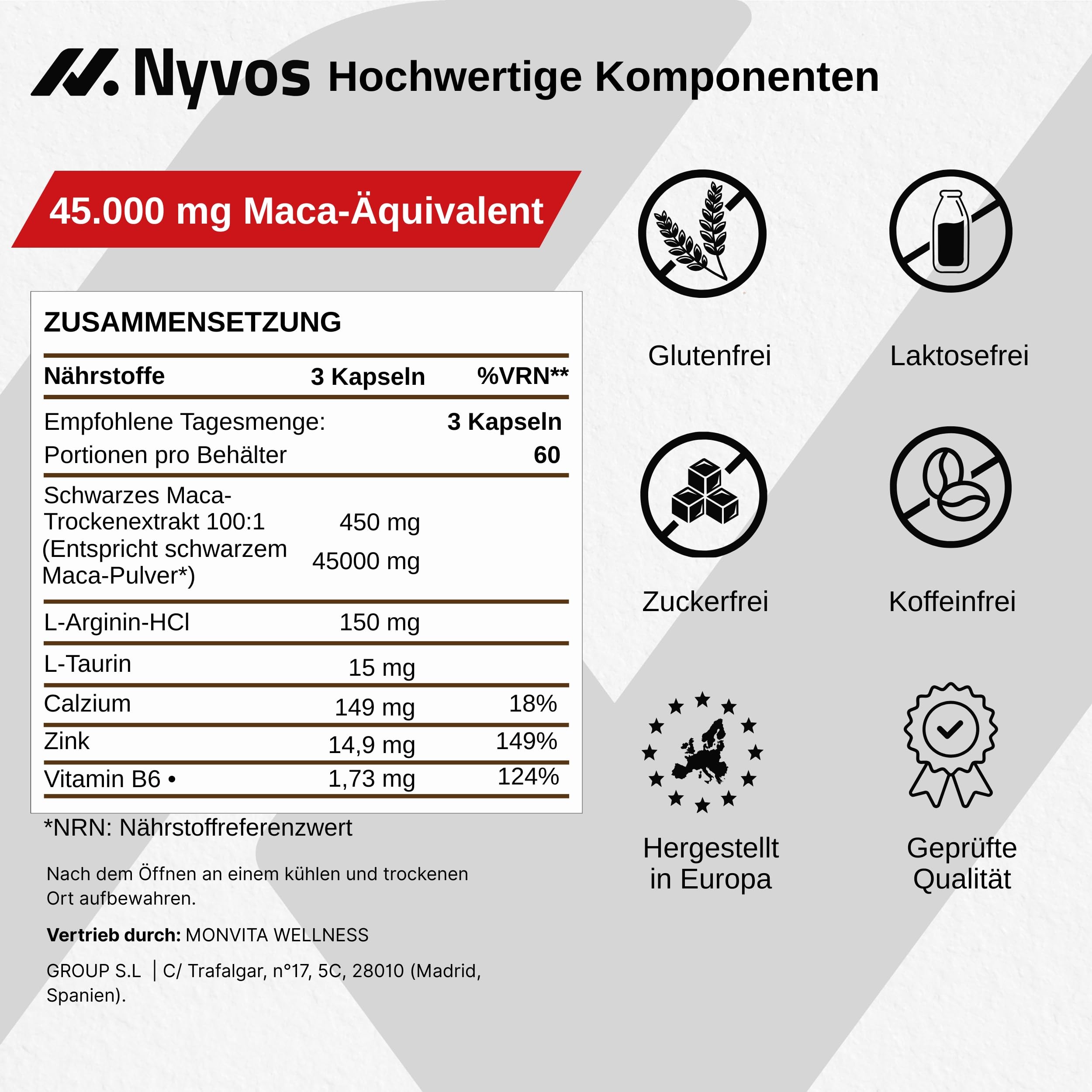 Maca Schwarz Hochdosiert – 45.000 mg Äquivalent (100:1 Extrakt) mit Zink, Calzium, Vitamin B6, L-Arginin & Taurin – 180 Vegane Maca Kapseln – Ohne Koffein, Gluten- & Laktosefrei