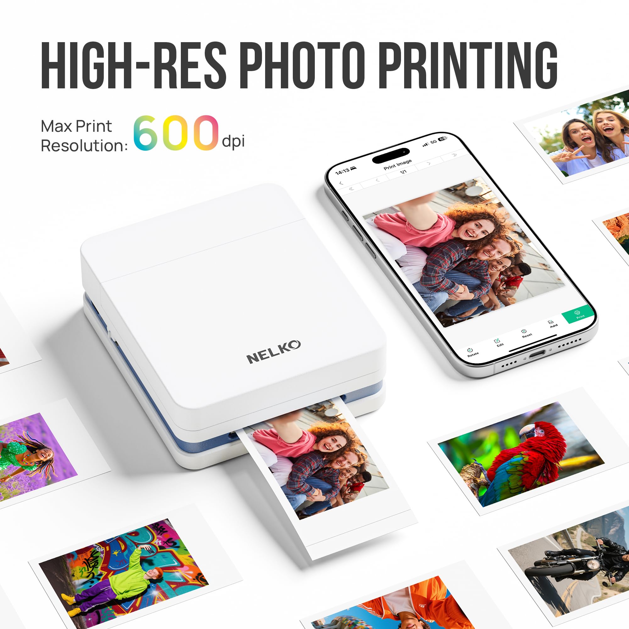 Close-up of the Nelko PP01 printer's output tray showcasing a vibrant 2x3 inch sticky-back photo.