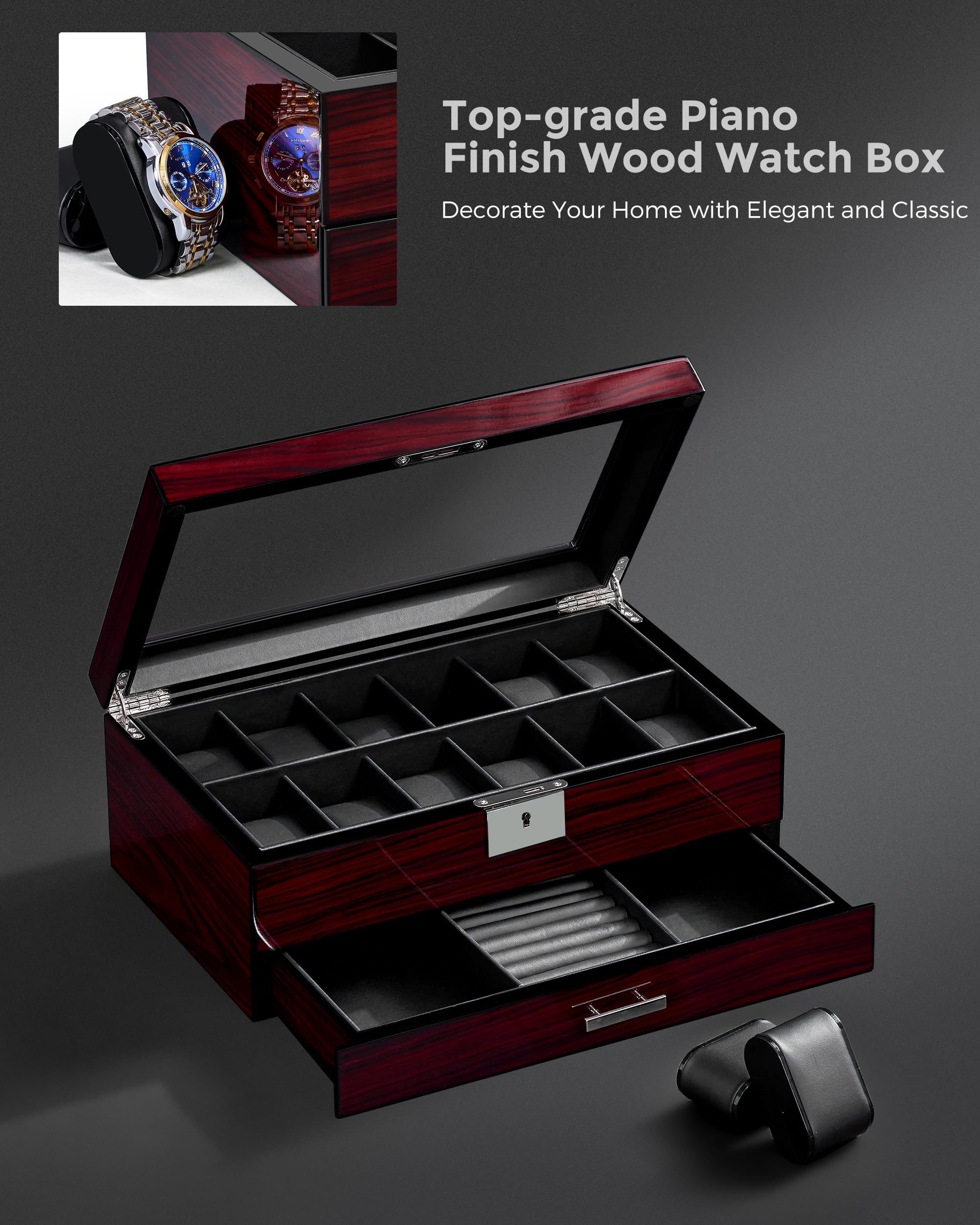 ANWBROAD 12 Boîte à Montres Montres et Lunettes avec Tiroir à Bijoux | Emplacements Boite A Montre Homme 2 Couches Avec Grand Couvercle En Verre Rangement Montre Stand, Serrure JWB001Y