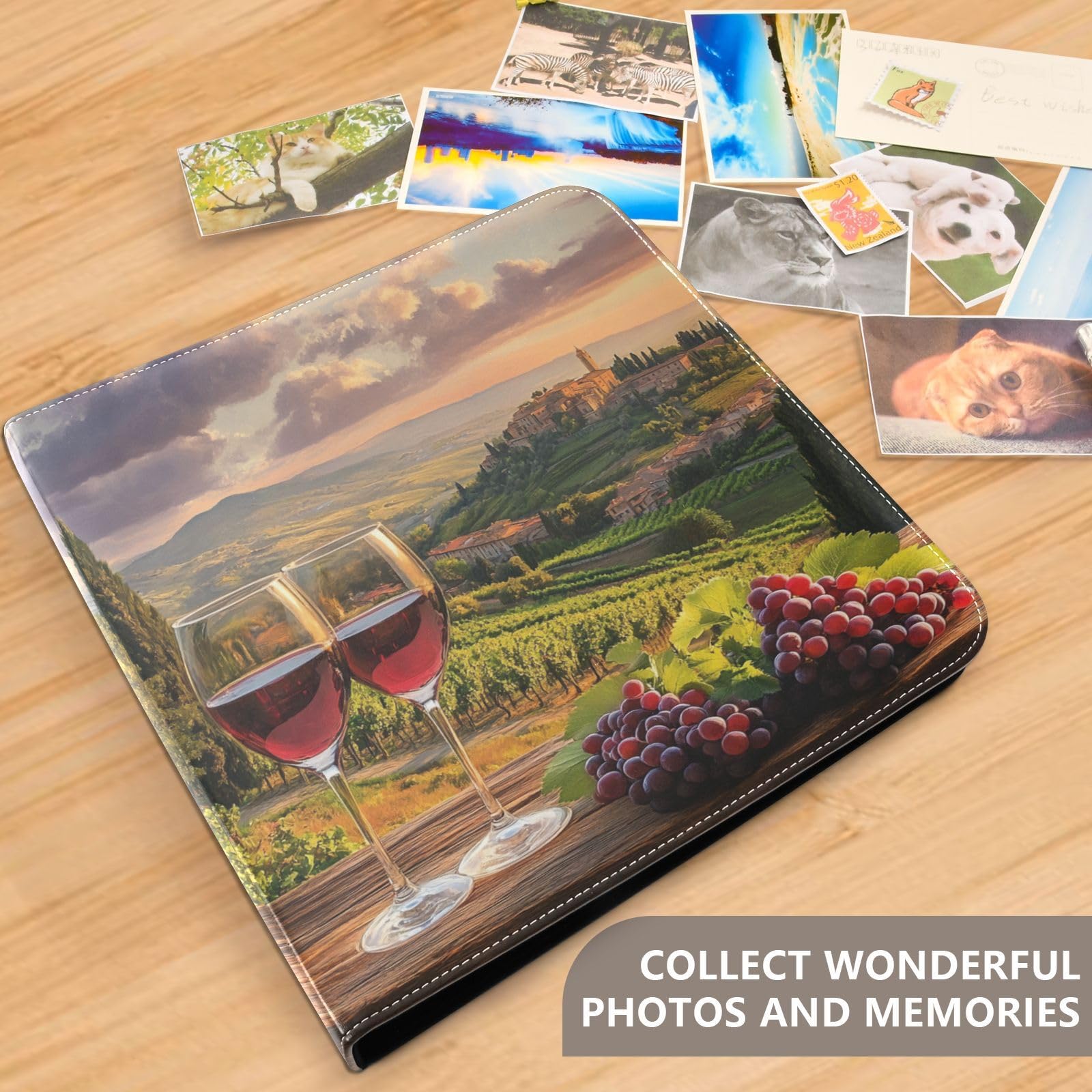 ALAZA Álbum de fotos autoadhesivo con diseño de copas de vino de Italia y puesta de sol, cubierta de piel sintética, 3 anillas, para boda, familia, viajes, recuerdos