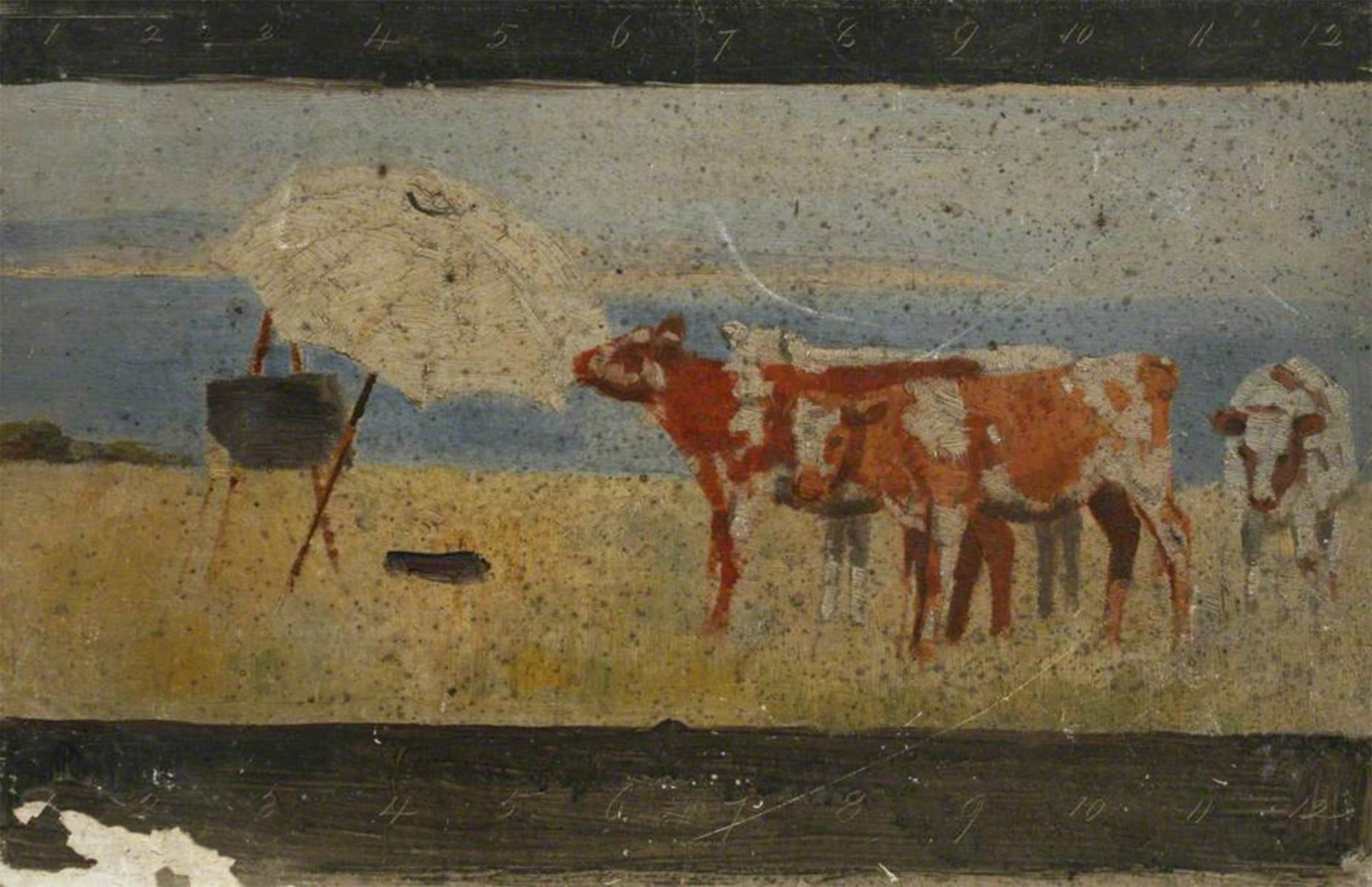 ARTXLXXBN Famous Prints Artwork Pictures Poster Painting Art Sketch of Cows with Parasol and Easel by Ralph Todd Artwork Landscape Pictures for Home Decor 60x90cm
