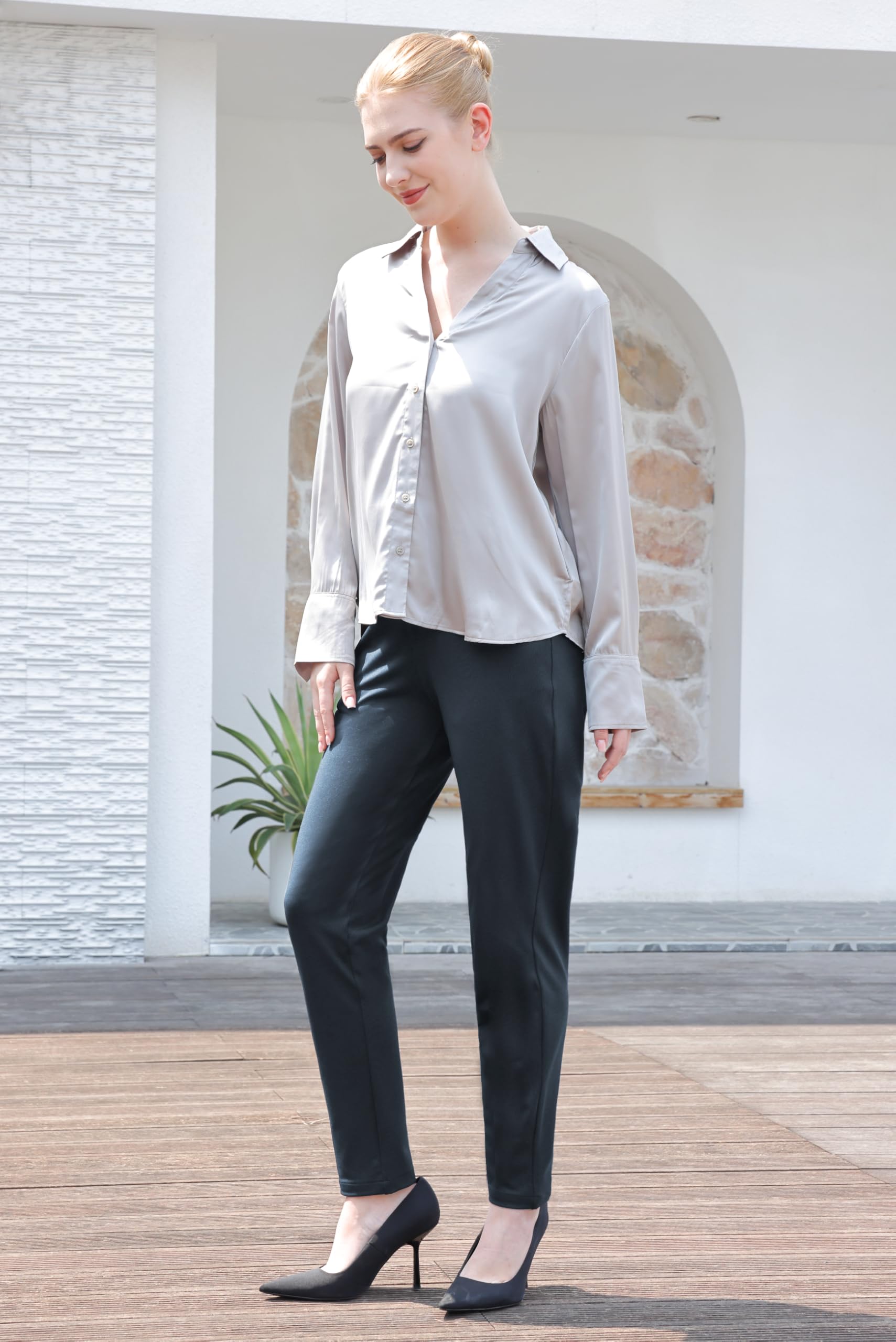 Bamans Pantalones de vestir para mujer, pantalones de trabajo, oficina, negocios, casual, elásticos, de cintura alta, con bolsillos