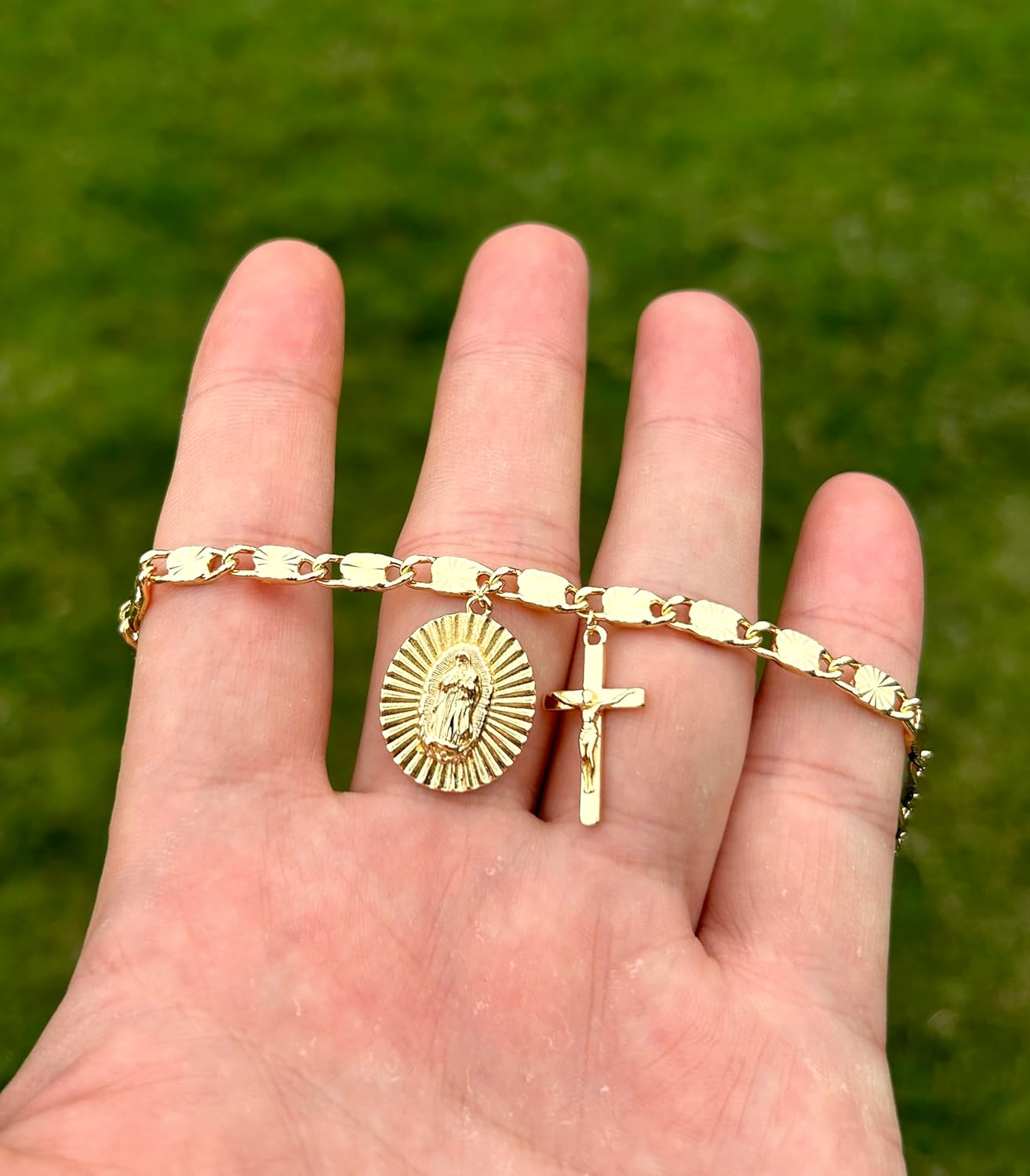Catholic Rosary Bracelet with Our Lady of Graces Medal and Crucifix Charm, 18K Gold Plated - Image 4