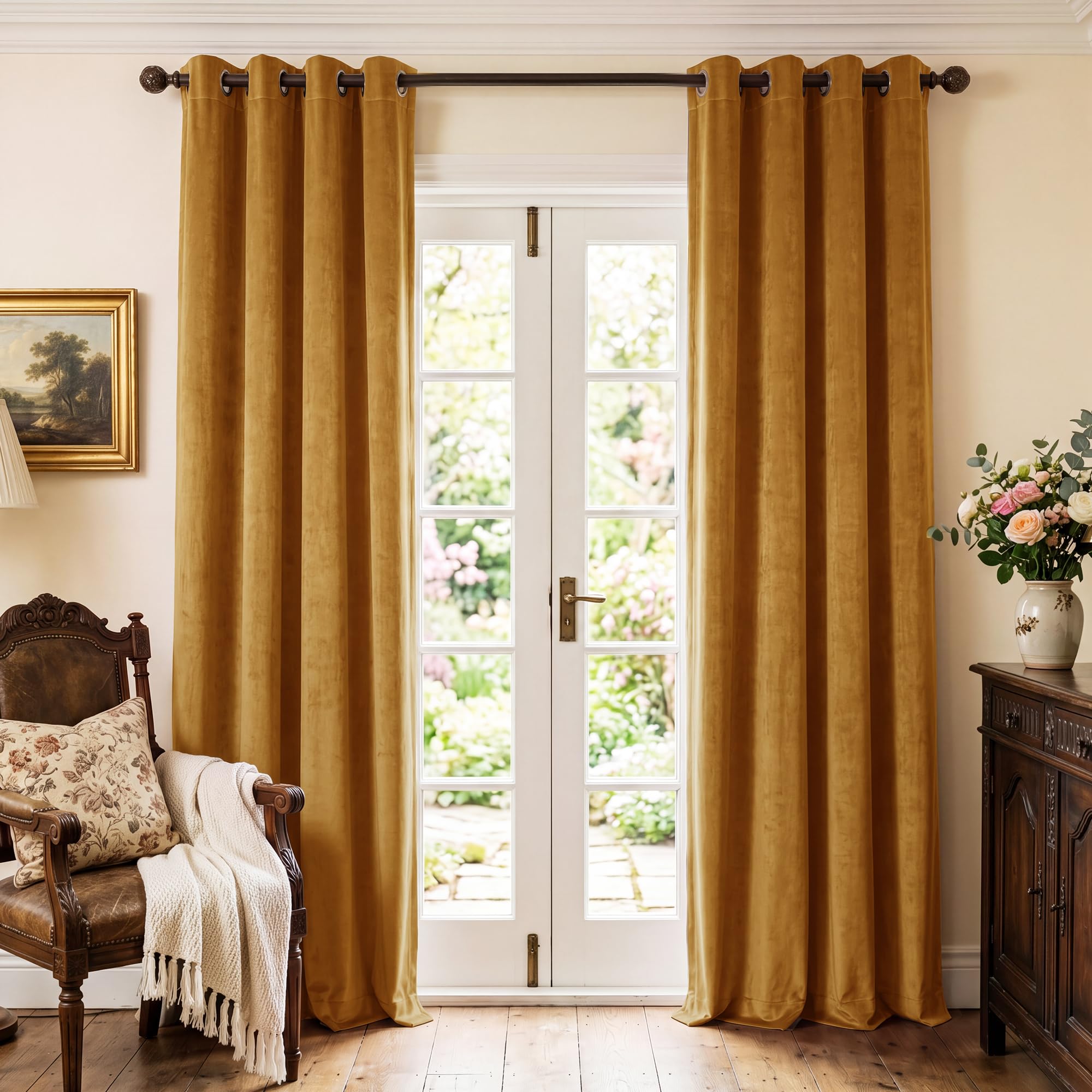 StangH Mustard Gold Velvet Curtains Velvet Blackout Thermal Insulated Soft Heavy Thick Sliding Door Panels for Living Room W 52 x L 90 Inch 2 Panels — image 1