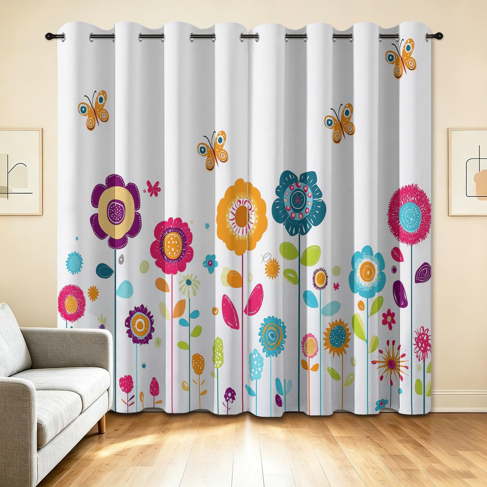 Tenda floreale a farfalla coccinella, tenda oscurante termica isolante, tenda oscurante con occhielli, tendaggi interni, cameretta, cartone animato, design per soggiorno e camera da letto, 2 pezzi