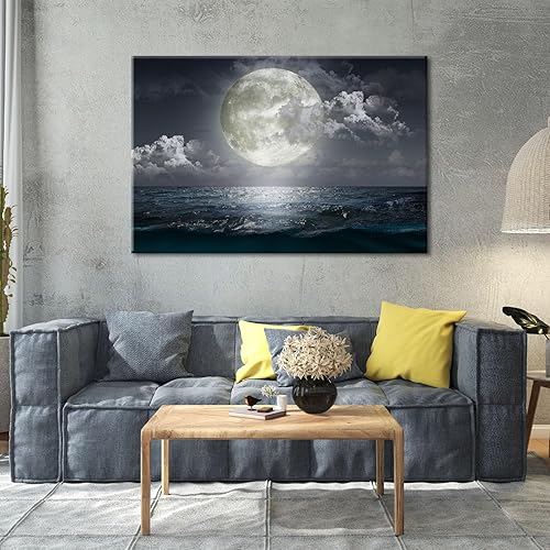 Miniatura 4 de BANHUA1 Lienzo decorativo para pared, diseño de luna llena de mar, impresiones sobre lienzo con diseño de luna y océano, arte de pared, arte