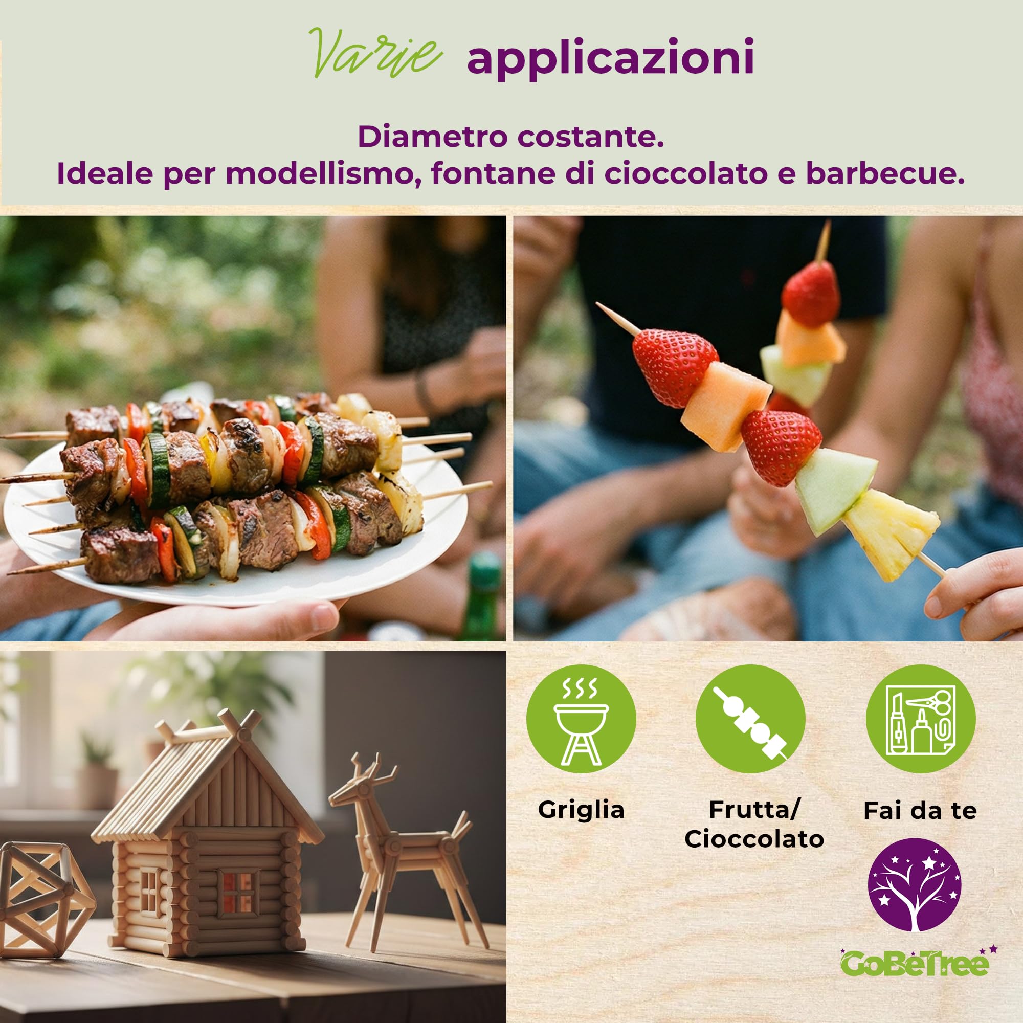 100 Spiedini in Legno di Betulla 15 cm x 2,5 mm | Bastoncini Extra Resistenti per Barbecue, Carne e Frutta | Stecchini Ecologici Multiuso per Fai da Te