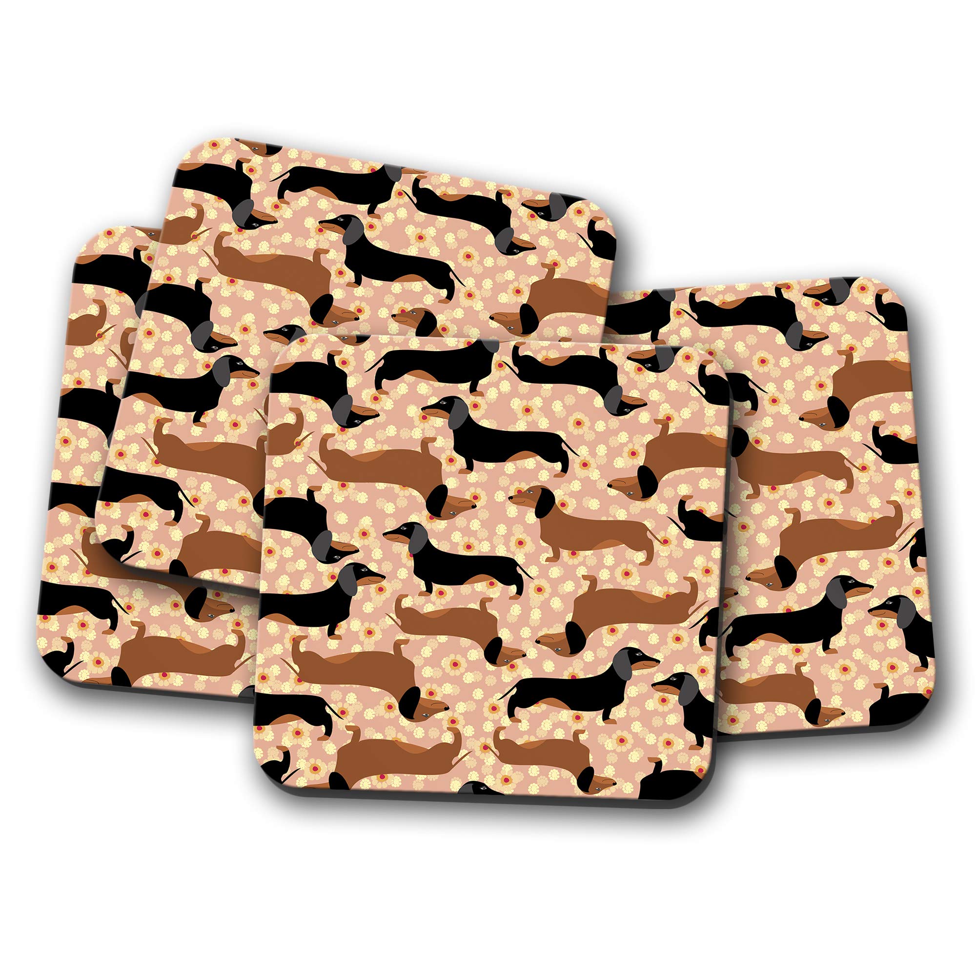 Destination Vinyl Ltd Multicolor 4 Set - Funky Cute Sausage Dog Coaster - Flowery Minature Dachshund #16334