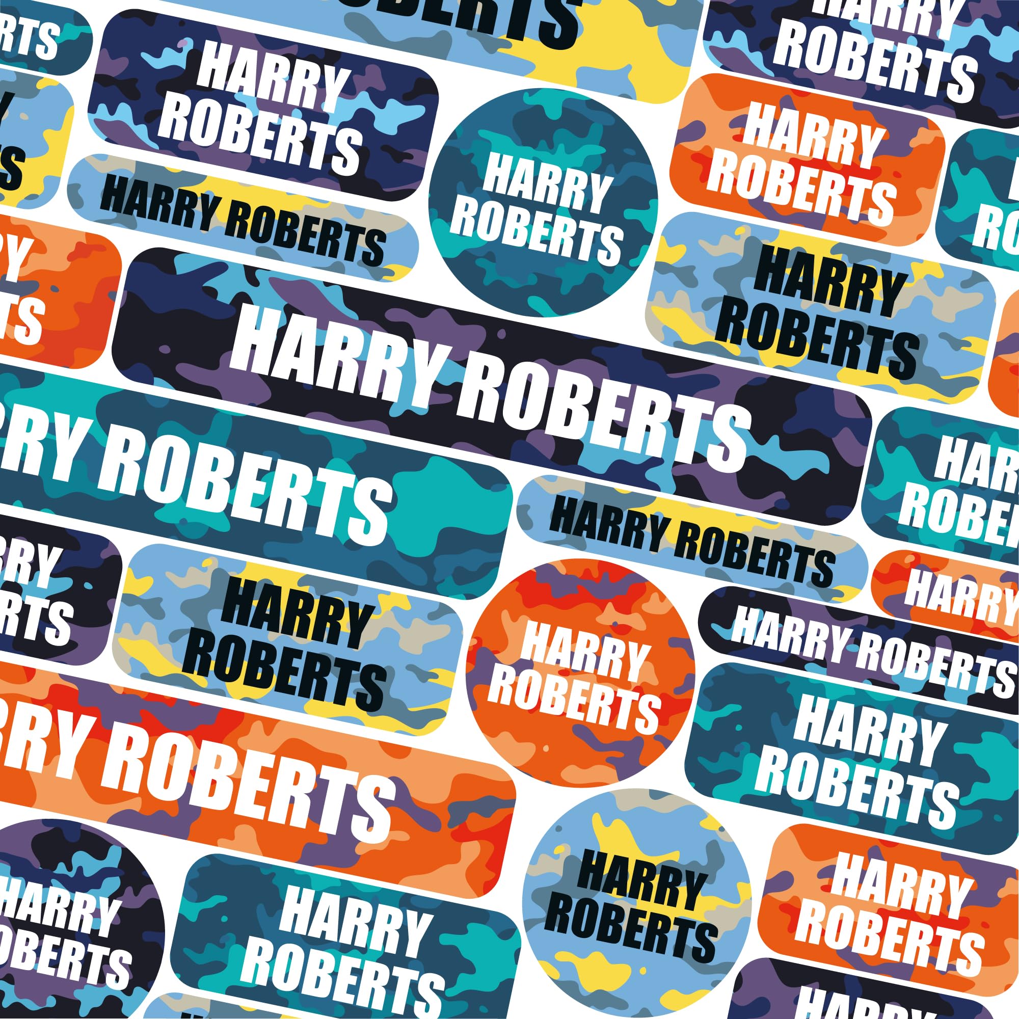 50 Name Labels for Kids No Iron Name Tags for Clothes Name Stickers for Water Bottles, School Uniform, School, Nursery, Care Homes, Washable and Dishwasher Safe for Children (Bright Camo)