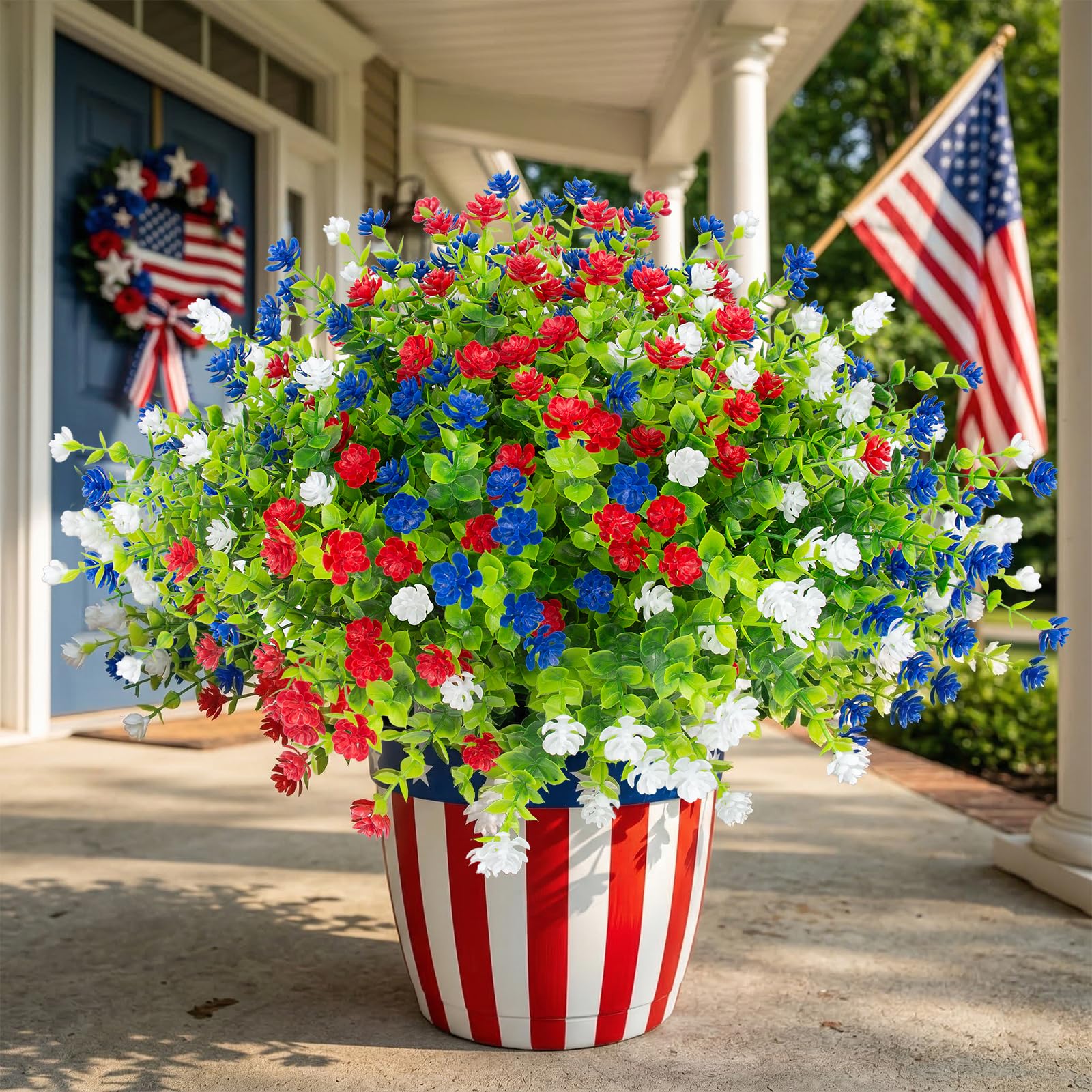 Photo 1 of Hananona 24 Pcs Artificial Flowers Outdoor, Faux Artificial Plants UV Resistant Plastic Patriotic Flower Bulk for 4th of July Hanging Planter Porch Window Home Summer Decor (24, Red, White, Blue)