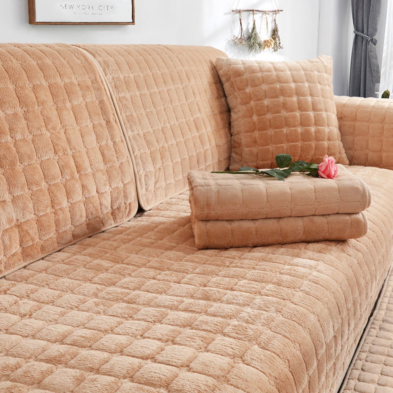 Velvet Sofa Cover 1 2 3 4 Seater, Dog Cat Sofa Protector Anti-Slip Couch Cover L Shape, Soft Sofa Cover Corner Sofa Sofa Protective Cover with Non-slip Base,Camel,70x120cm