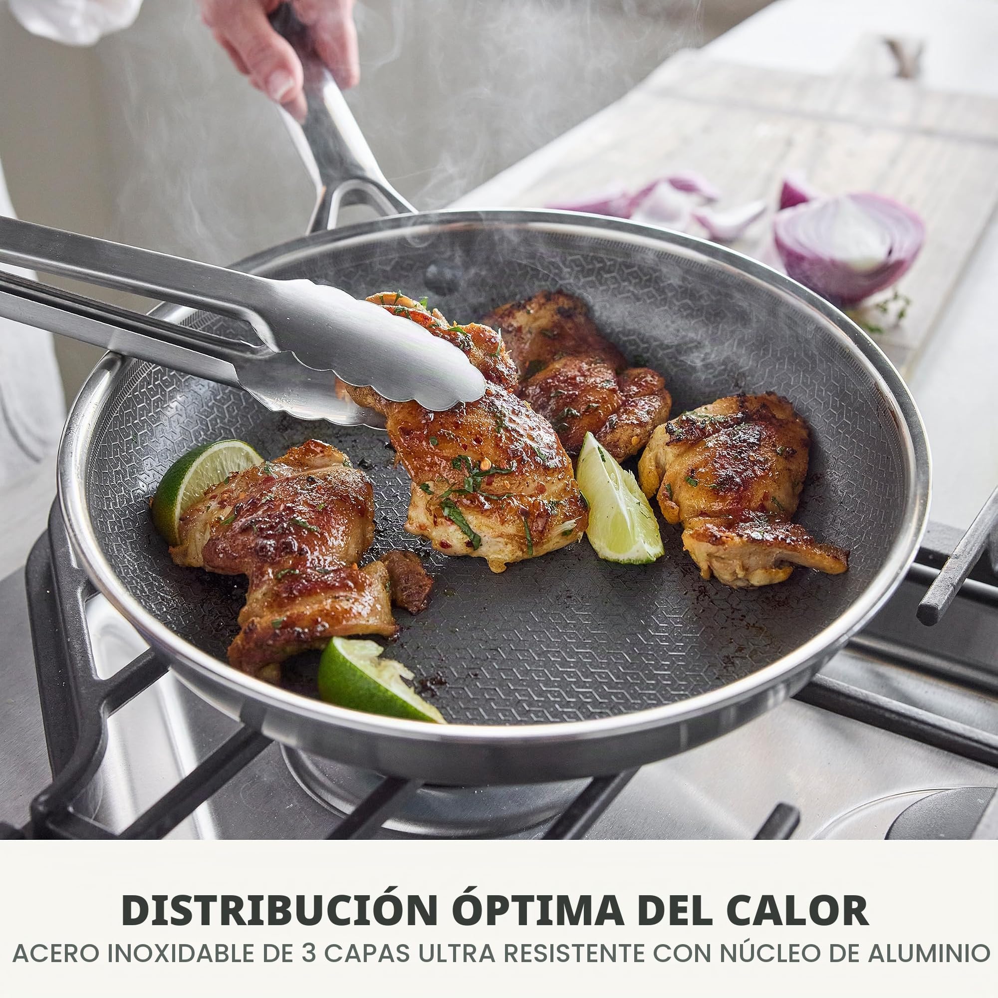 GreenPan Sartén híbrida de acero inoxidable antiadherente de 24 cm APEX Tri-Ply Thermobond sin PFAS, apta para inducción, apta para horno hasta 220 °C, apta para lavavajillas, color plateado