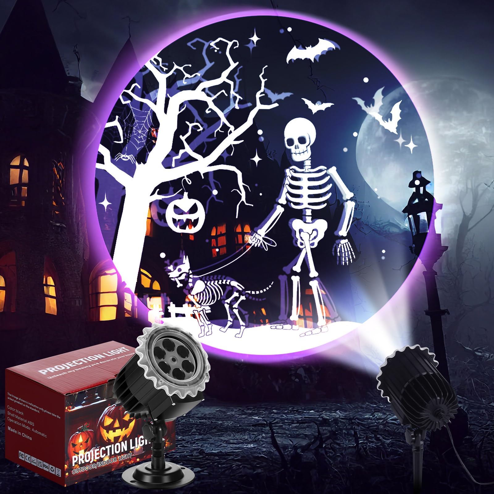 Projecteur d'Halloween avec 1 diapositives de film - Projecteur LED - Réflecteurs d'extérieur - Étanche - Rotation décorative - Éclairage rotatif - Lampe de projection de mouvement (squelettes