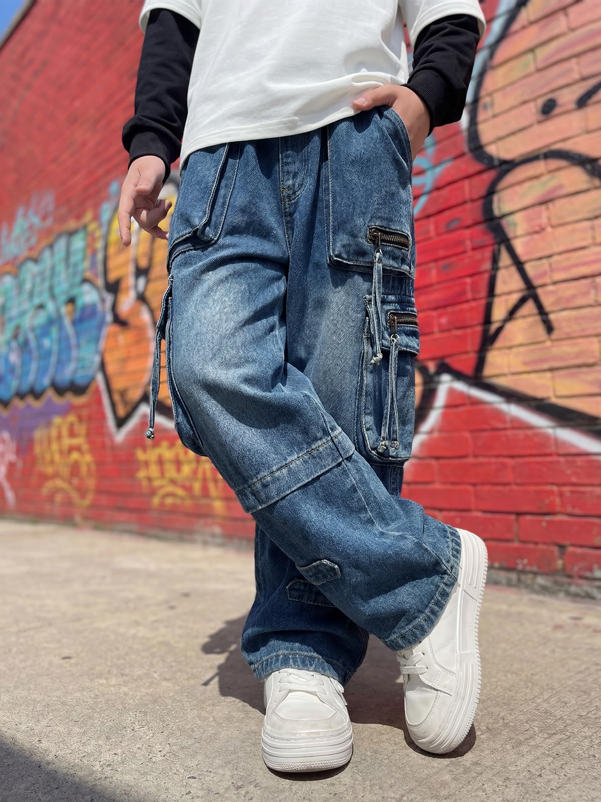 JiAmy Chłopięce spodnie dżinsowe, elastyczny ściągacz, Baggy Jeans chłopięce, szerokie nogawki, Y2k, dziecięce spodnie cargo, bawełna, spodnie dżinsowe dla chłopców i dziewczynek, 120-160 (5-14 lat)
