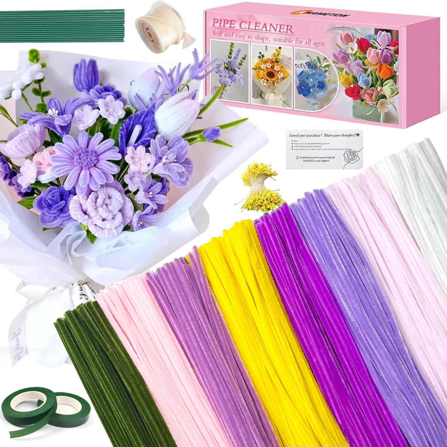 AHAMETON 985-Piece Purple 8 Colored Pipe Cleaners Craft Kit with Floral Supplies - Chenille Stems, Flower Wires, Stamens & Video Tutorial for Wedding Decorations (Purple Pink Craft Set)
