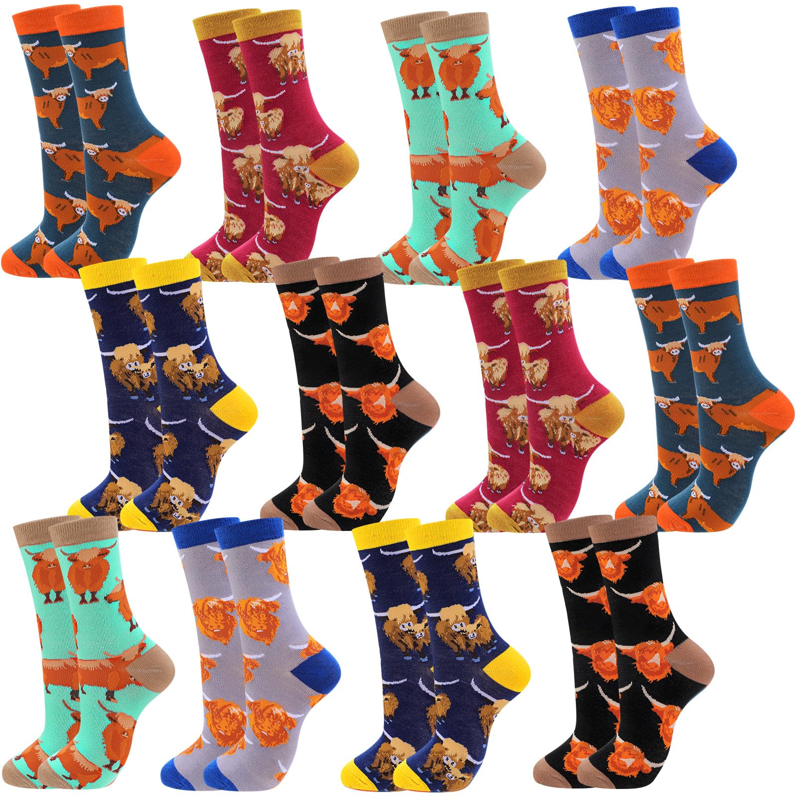 HooLing 12 pares de calcetines de vaca de las tierras altas, regalos de Navidad, coloridos y divertidos, calcetines de algodón para vacaciones, calcetines de vaca de las tierras altas para mujeres y