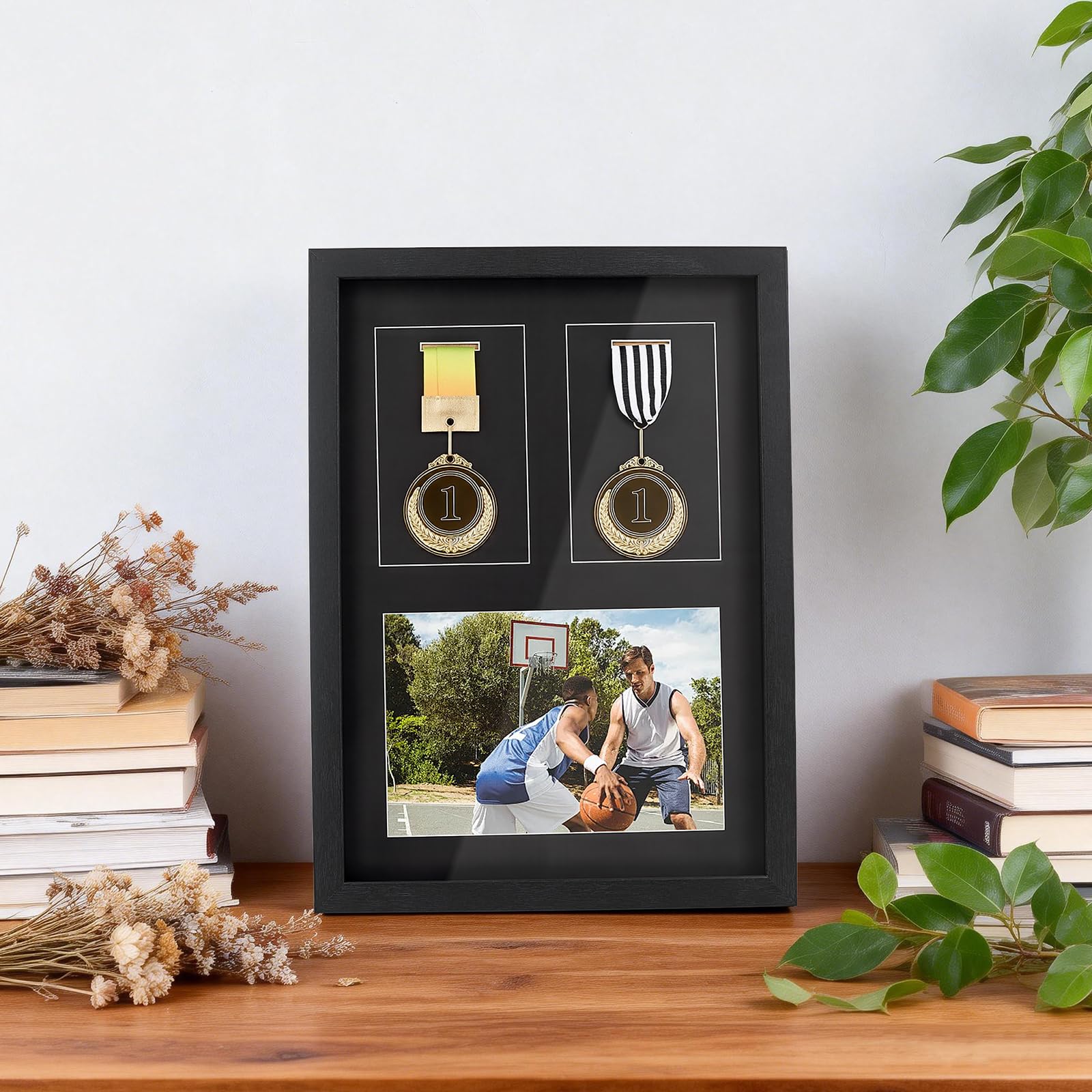 Cadre Vitrine pour Médailles Présentoir Boîte D'Ombre 3 en 1 Boîte de Rangement en Bois de 42x29.5cm pour Les Récompenses des Coureurs Dossards de Course All Sport Winner (Noire)