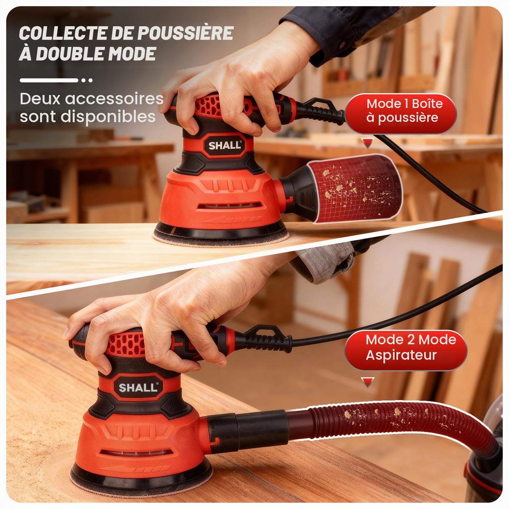 SHALL 350W Ponceuses excentrique，avec 30 feuilles abrasives, outil à main de 125 mm, fonction d'aspiration des poussières, convient au ponçage, au polissage et au travail du bois.