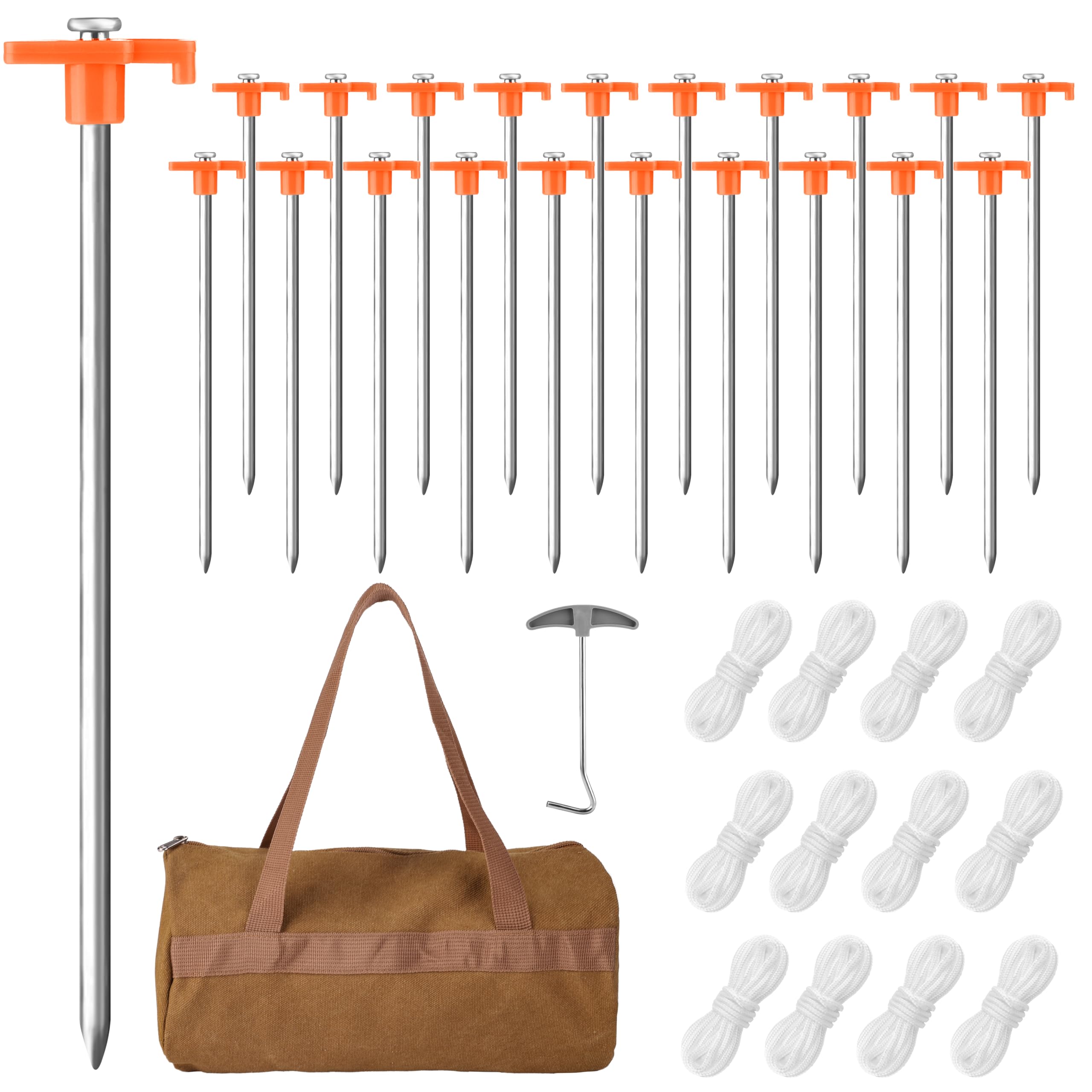 Aodaer 24 Pack Tent Stakes Heavy Duty Tent Pegs 10.25 Inch Non-Rust Metal Yard Stakes with 4x10ft Ropes and Storage Bag Inflatable Stakes for Gardening & Canopies, Camping Halloween Christmas, Orange