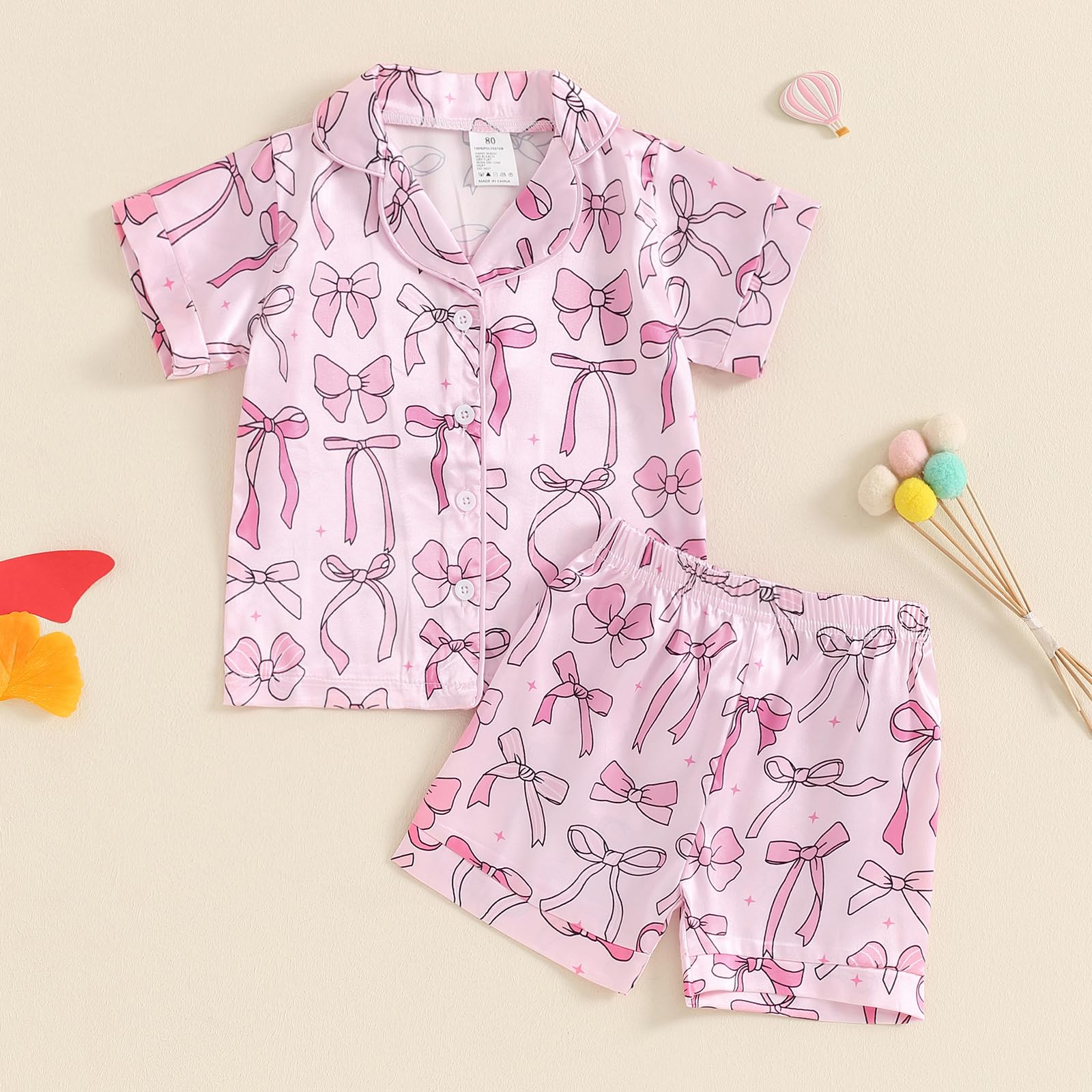 MAINESAKA Toddler Girl Satin Silk Pajamas Set Baby Summer Pjs Short Sleeve Button Down Shirt And Shorts Sleepwear Lounge Set (Pink Bow, 3-4 Years)