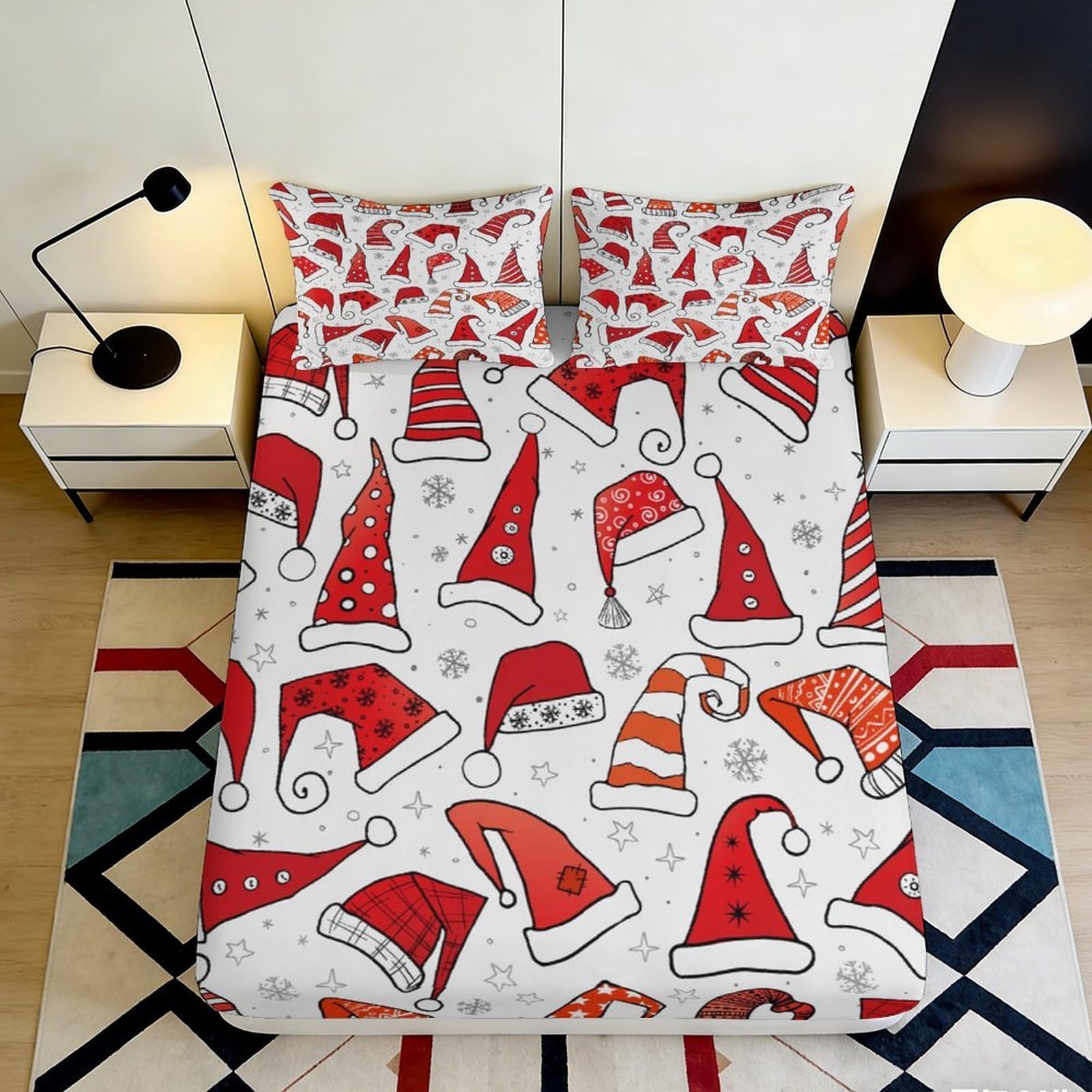 Festive 3D Printed Fitted Sheet Christmas Santa Hat Design Microfiber Soft Touch for Bedroom Guest Room Bedding Decor 90x200x25cm