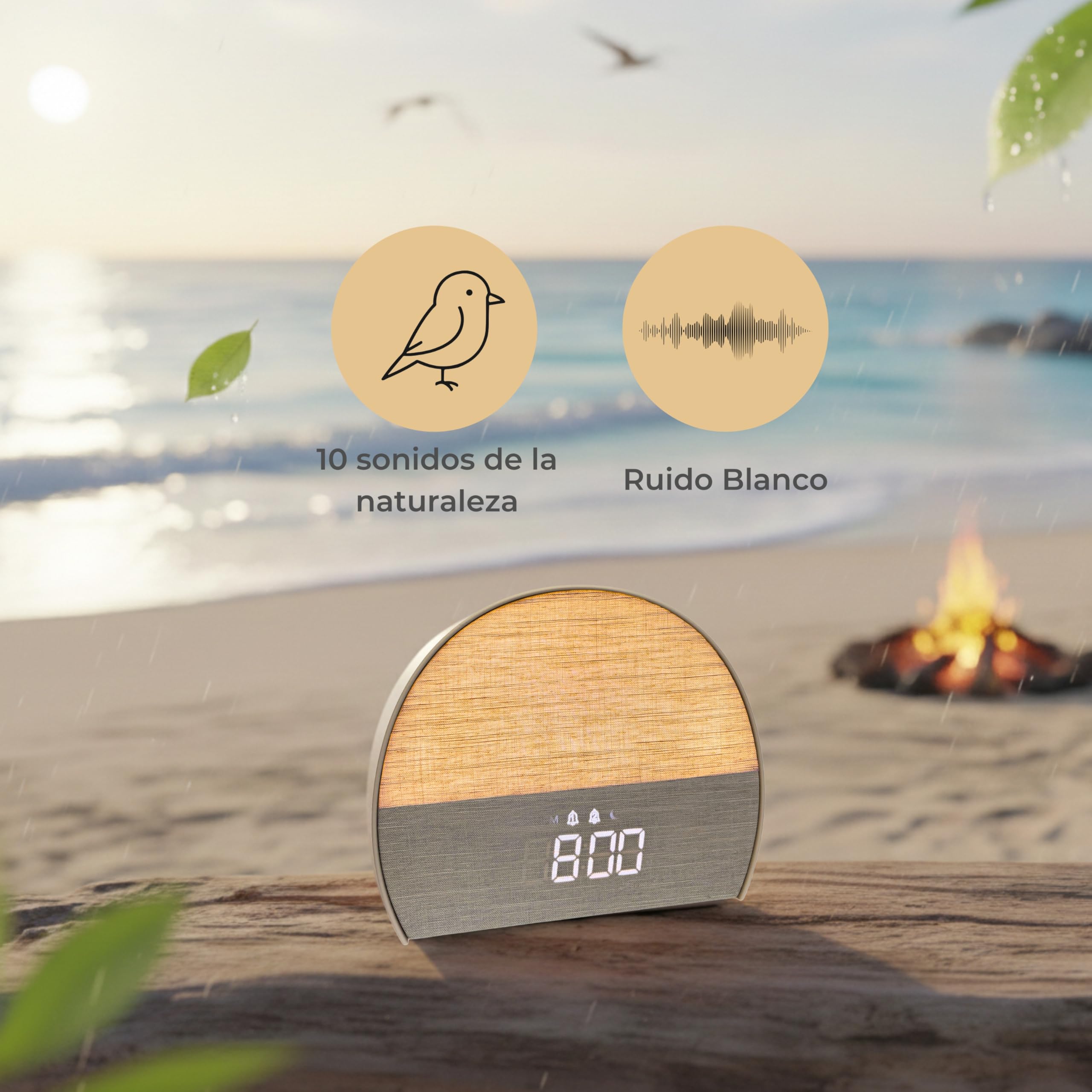 ONARA Despertador Amanecer, Despertador luz Natural simulacion Amanecer, 10 Sonidos Relajantes Naturaleza, 5 Sonidos Blancos, Altavoz Bluetooth, Radio FM, Temporizador, 20 Brillos, 2 Alarmas y Snooze