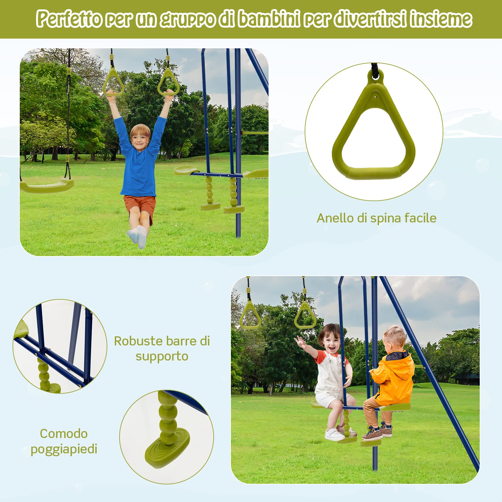 COSTWAY Set Altalene da Giardino per Bambini, Altalena 3 in 1 con Supporto in Metallo, Altalena a Doppio, Anelli da Ginnastica, Capacità 150 kg, per Esterno, 3-10 Anni, 278 x 142 x 177cm
