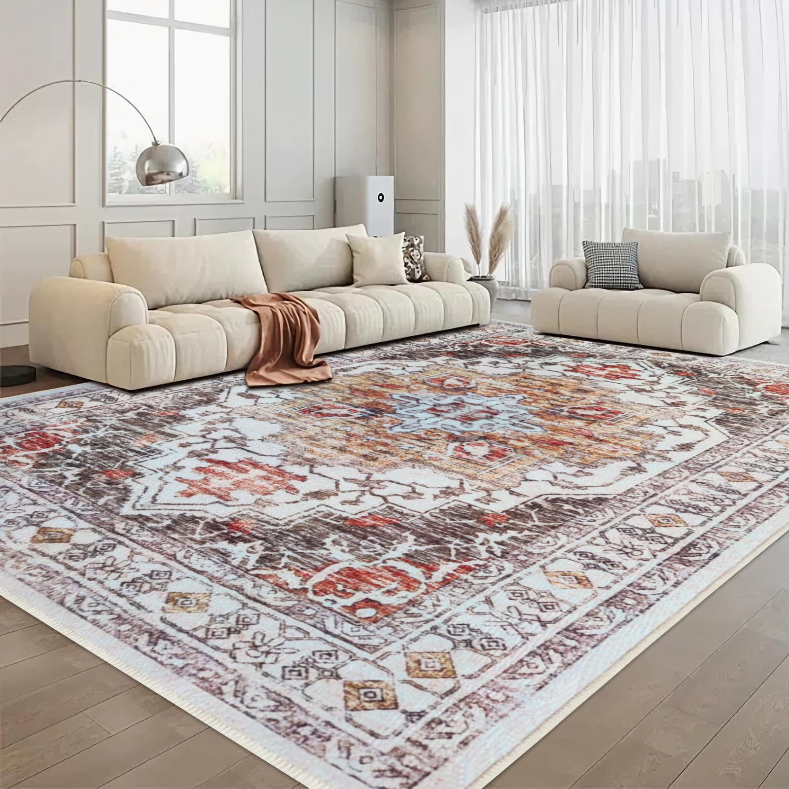TIANLIN Ultra-Thin Large Vintage Area Rugs 8'x10' Soft Artificial Wool Stain Resistant Washable Non-Slip Backing Rugs for Living Room Bedroom Vintage Home Decor
