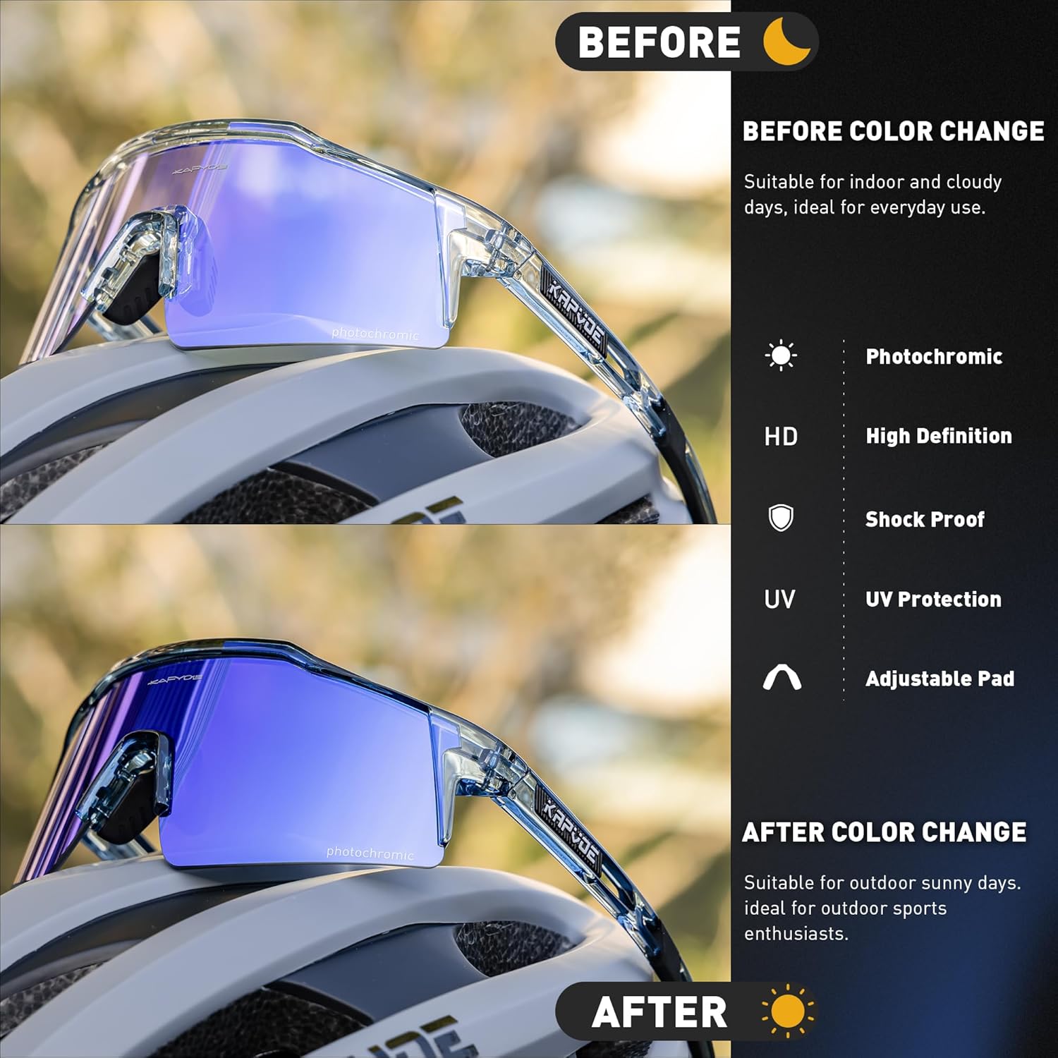 KAPVOE Photochromic Cycling Glasses Men Women Clear Transition Mountain Bike Sunglasses Sports Baseball Running - K9023 - Image 3