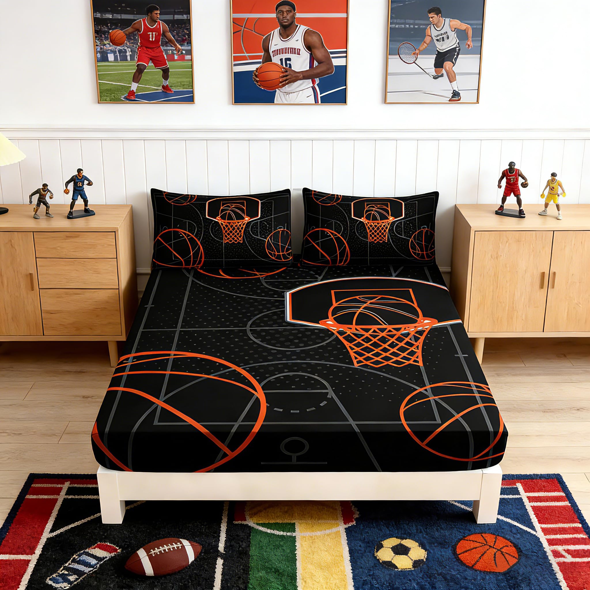 UEVBF Basketball Court Print Twin Fitted Sheets Set for Boys,Ball Sports Games Bedding Set for Teens Kids Bedroom Decor,Orange Basketball Fitted