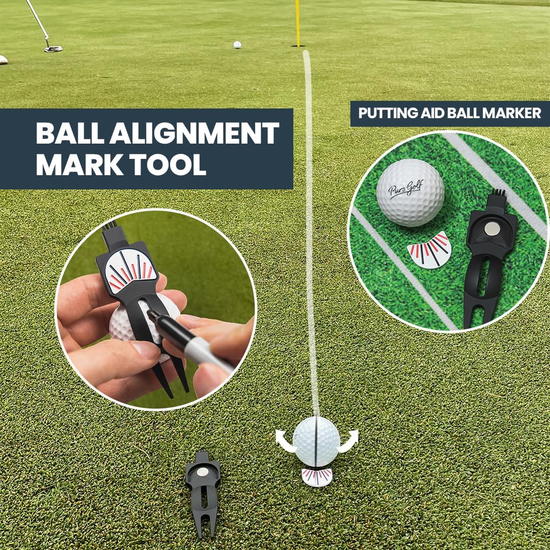 Divot Repair Tool and Ball Marker with Putting Aim and Built in Club Cleaning Brush (Single and 2 Pack) Strong Magnetic Prong | Ball Line Marker | Putting Aid | 4 in 1 Golf Divot Tool