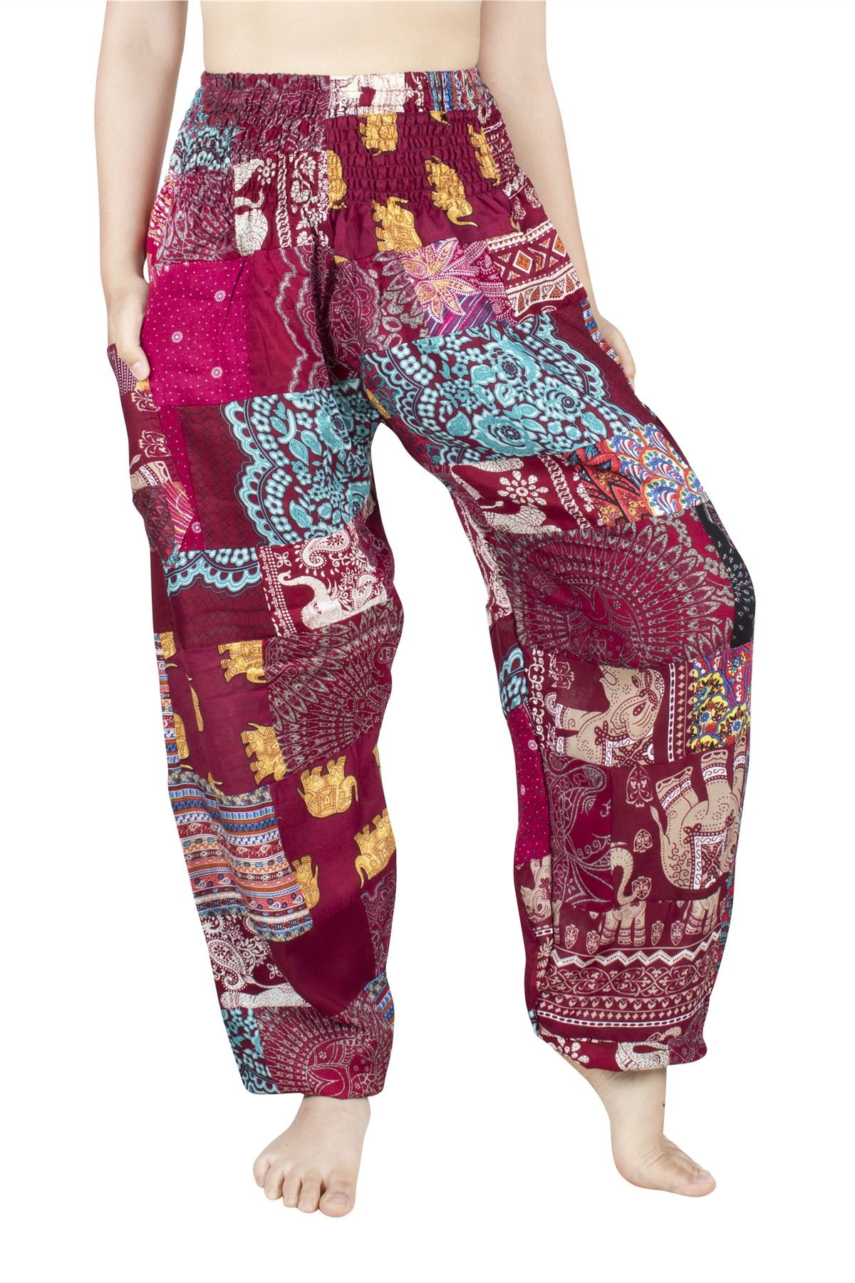 Lofbaz Women's Smocked Waist Floral Rayon Yoga Boho Patch Harem Pants - Burgundy - OS