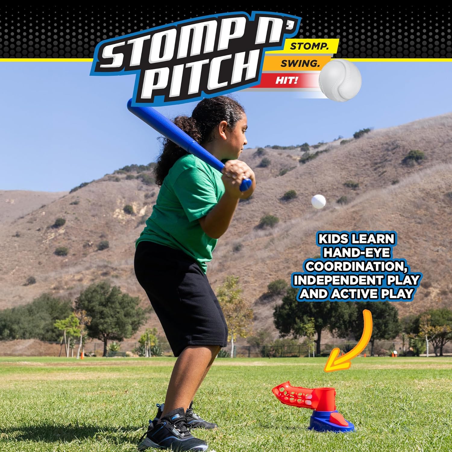 Stomp Rocket Stomp N Pitch Baseball Pitching Machine for Kids - Baseball Training Machines for Boys & Girls with Collapsible Bat, Launcher & 5 Balls - Outdoor Sports Gear & Toys - 6+ Year Olds