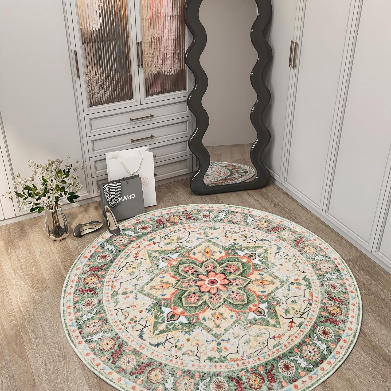 Round Rug for Living Room, 5Ft Round Washable Rug, Boho Small Circle Kitchen Area Rugs, Non Slip Low Pile Circular Rugs, Soft Round Carpet for Bedroom, Office, Kitchen Entryway, Bathroom (CreamGreen)