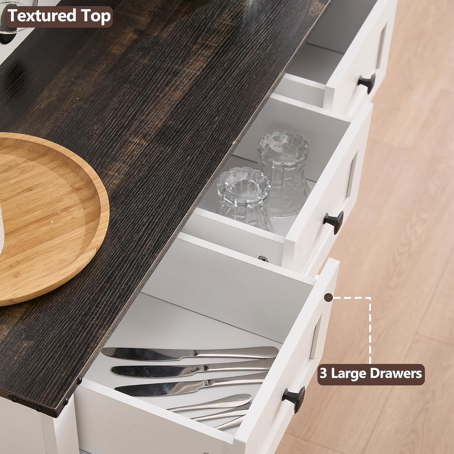 Kmax Farmhouse Coffee Bar Wine Cabinet, Hutch Buffet Cabinet with Wine & Glasses Rack, Sliding Barn Door, Drawer, Rustic White Tall Sideboard Table for Kitchen Dining Room, Black Top