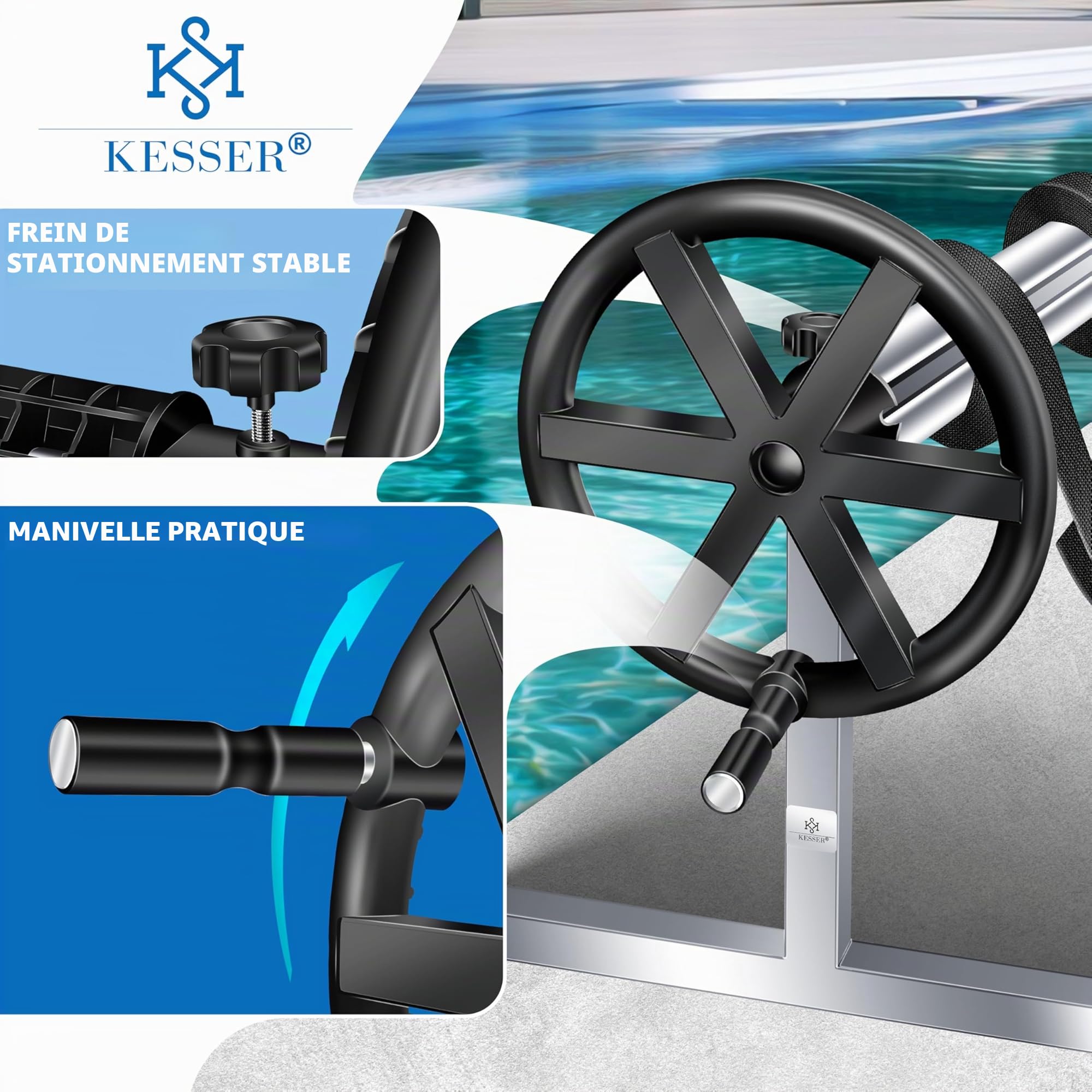 KESSER® Enrouleur de bâche de Piscine Premium | Système d'enroulement 3 m-5,70 m | avec Roues | pour bâche Solaire | Enrouleur Mobile | Sangles fournies, Argent Noir
