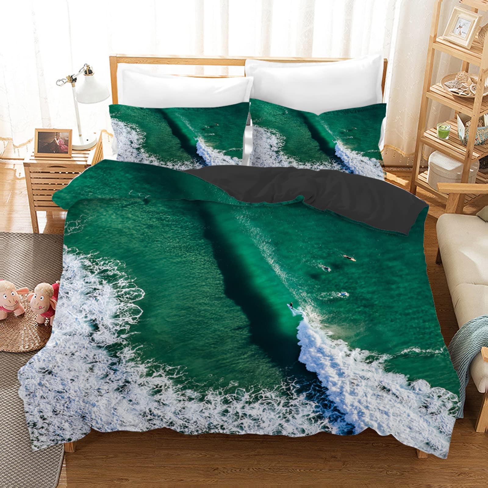 Housse de couette mer verte en microfibre 140x200 cm avec 2 taies d'oreiller