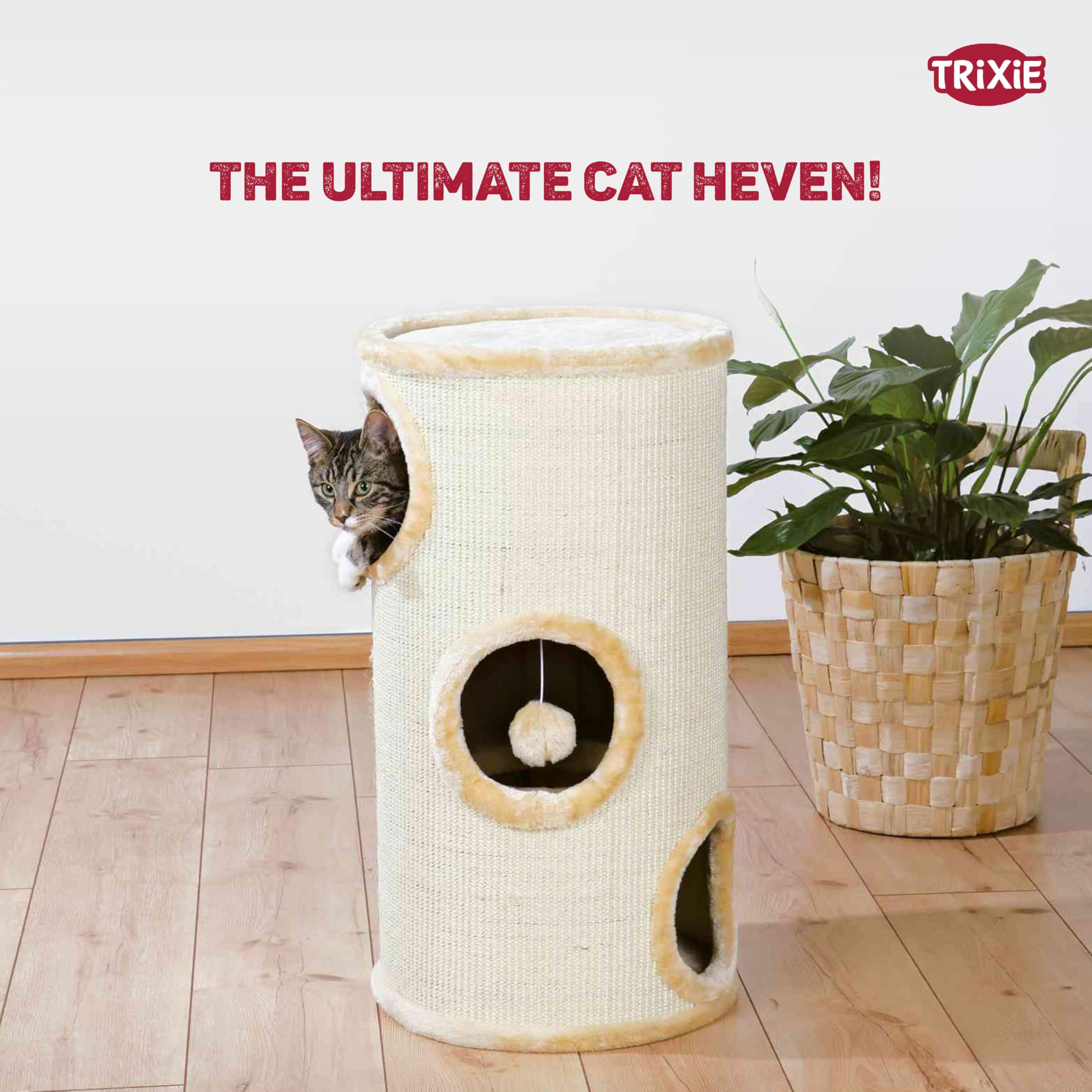 TRIXIE Kratztonne für Katzen Samuel 70 cm in natur/beige – dreistöckige Katzentonne mit gepolsterter Liegefläche und Spielball, gemütlich & stabil – 4330